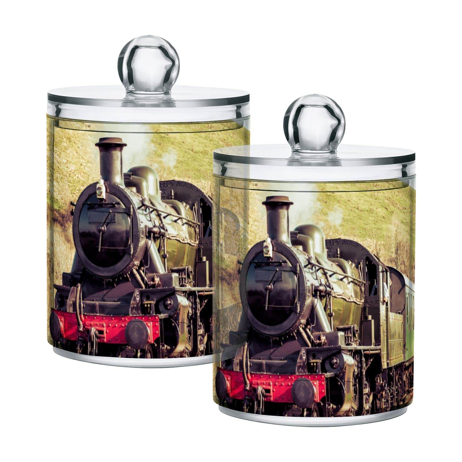 Vintage Steam Train Locomotive with Smoke - Countryside-Themed Plastic Storage Jars with Lids (Set of 4) - 10oz Translucent Food Containers for Tea, Cookies & Cotton Swabs - Perfect for Kitchen Organization, Pantry Storage & Canning Supplies