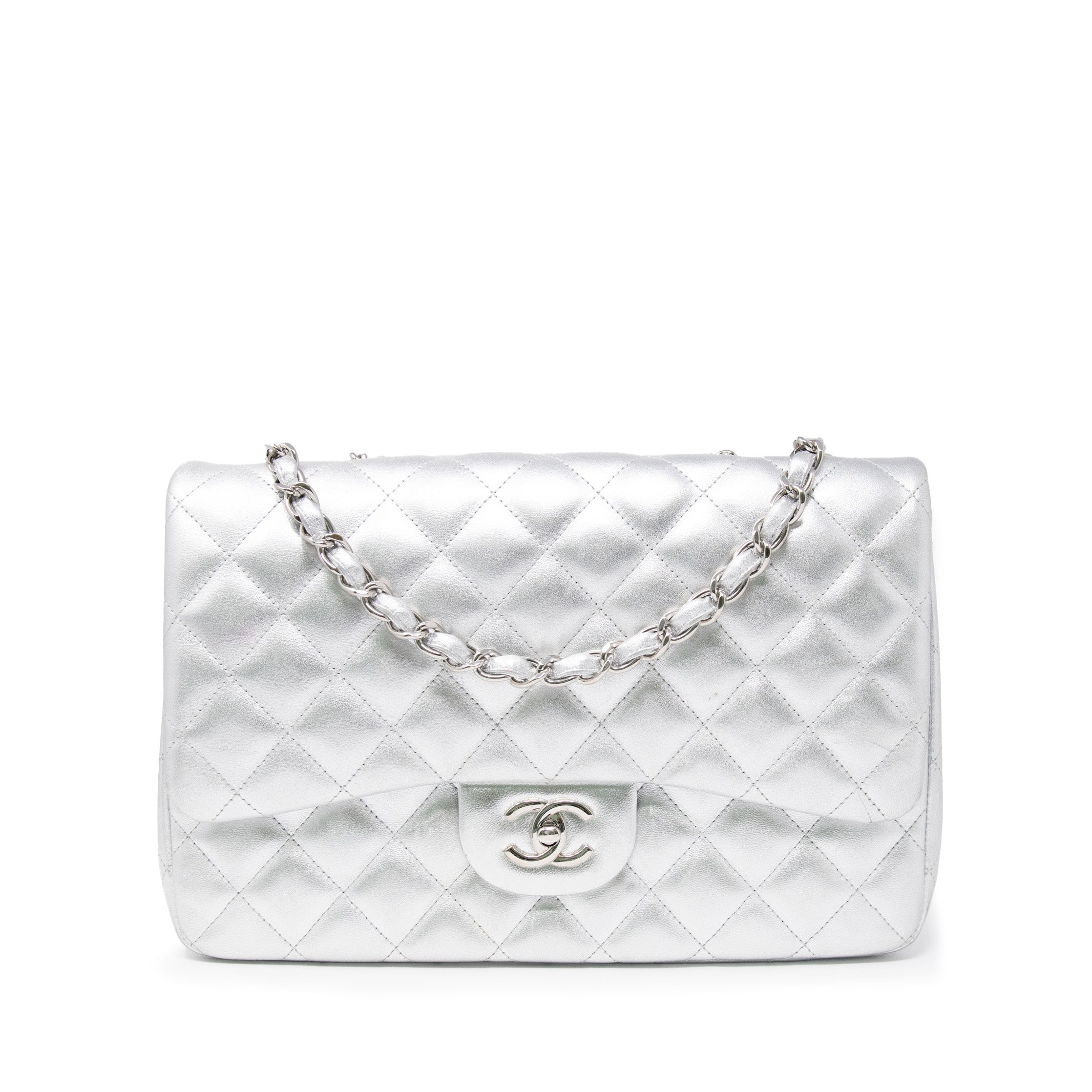 Chanel Metallic Silver Jumbo Flap Bag - Luxury Designer Handbag for Women | Perfect for Evening Parties, Date Nights & Special Occasions