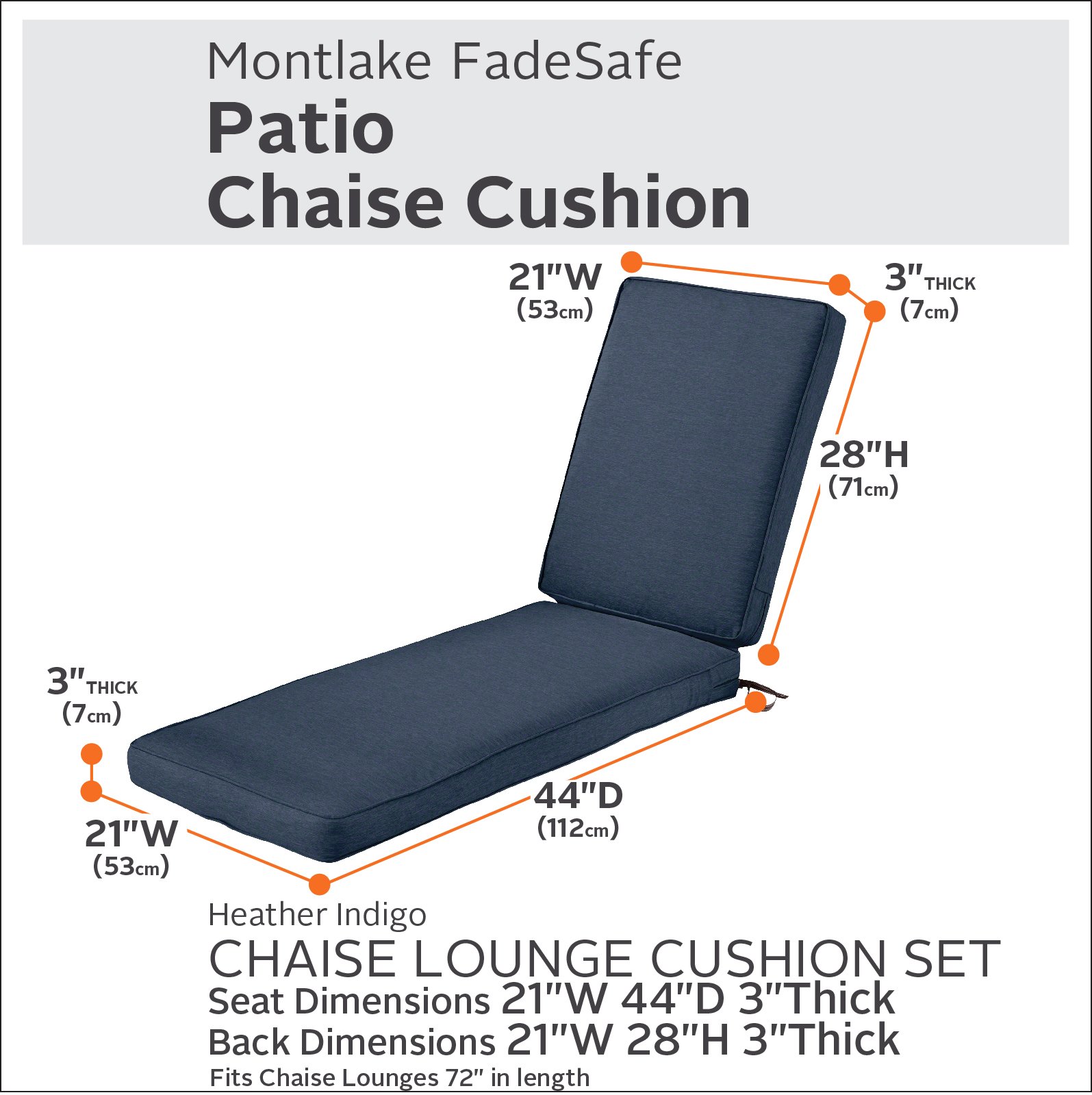 Classic Accessories Montlake 72x21 Outdoor Chaise Lounge Cushion - FadeSafe, Water-Repellent, Heather Indigo - Perfect for Patio, Poolside, and Garden Relaxation