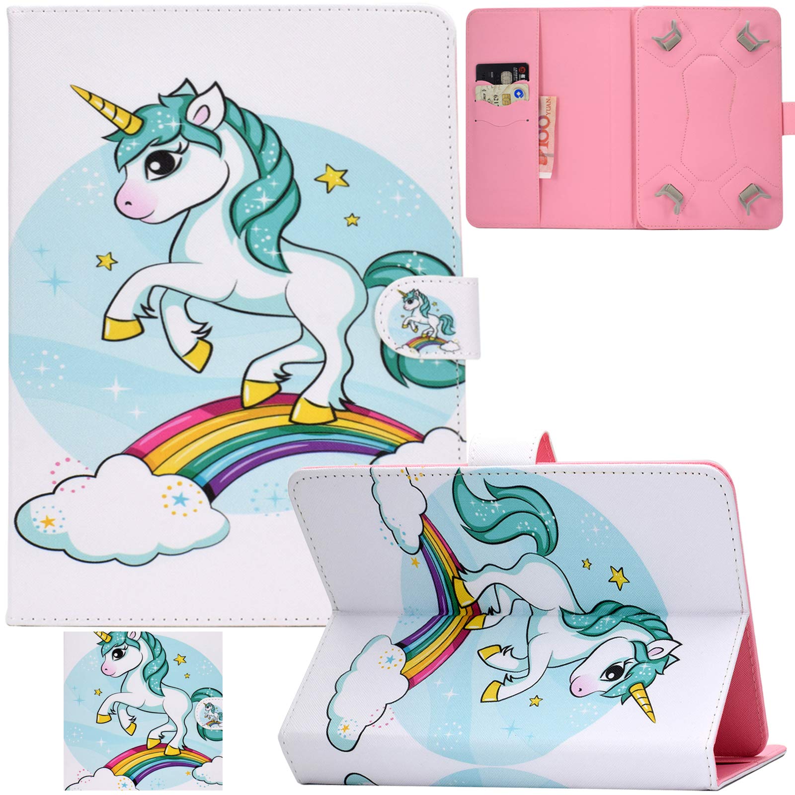 REASUN Universal Tablet Case for 9.0-10.5 Inch iPad/Samsung/Kindle/Huawei/Lenovo & Android Tablets - Multi-Angle Stand with Card Slots, Folio Protective Cover (White Unicorn) - Perfect for Work, Travel & Home Entertainment