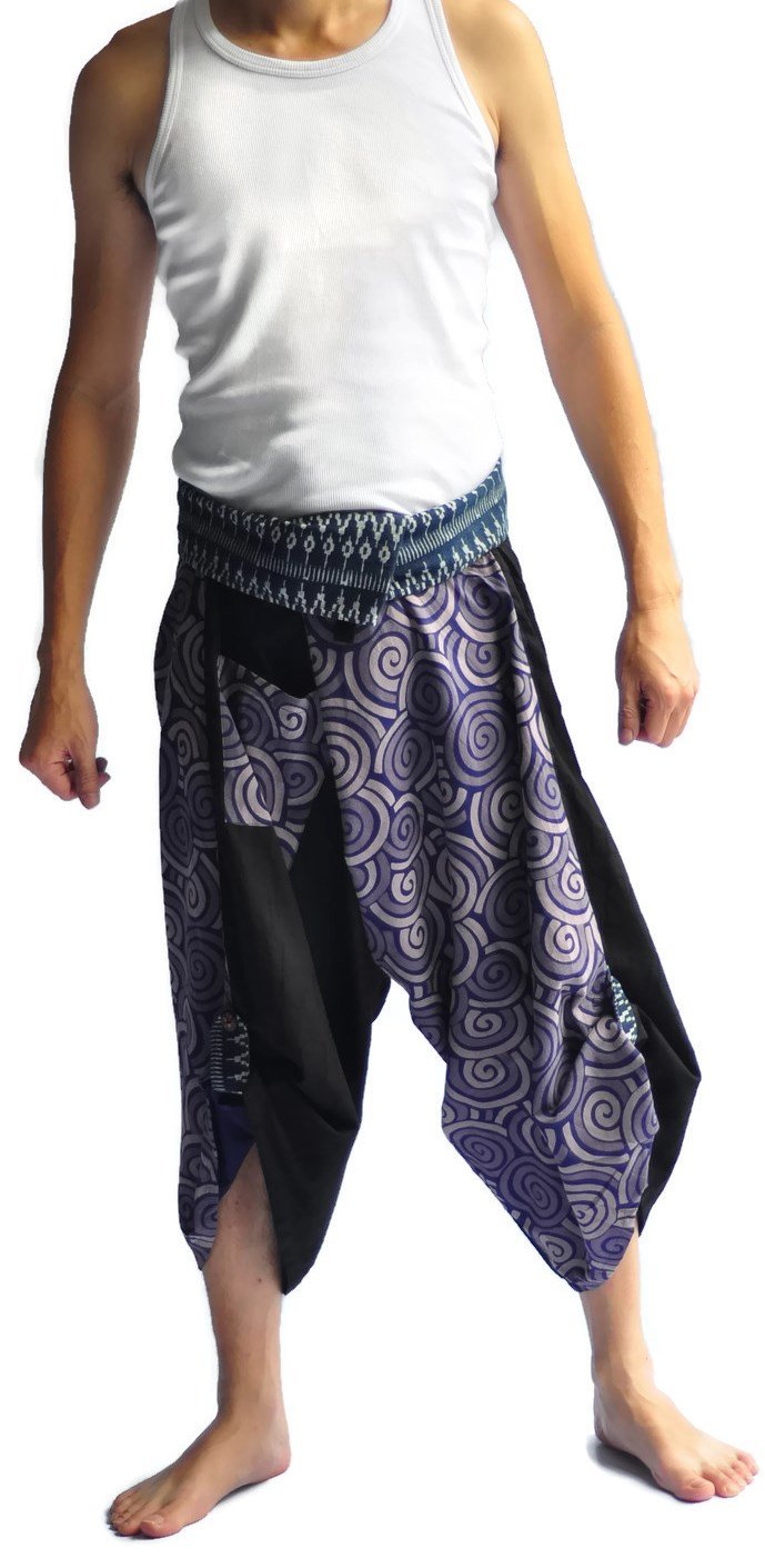 Thai Fisherman Pants for Men - Samurai Style Cotton Pants with Black & Blue Circle Design | Loose Fit Yoga, Meditation & Lounge Wear