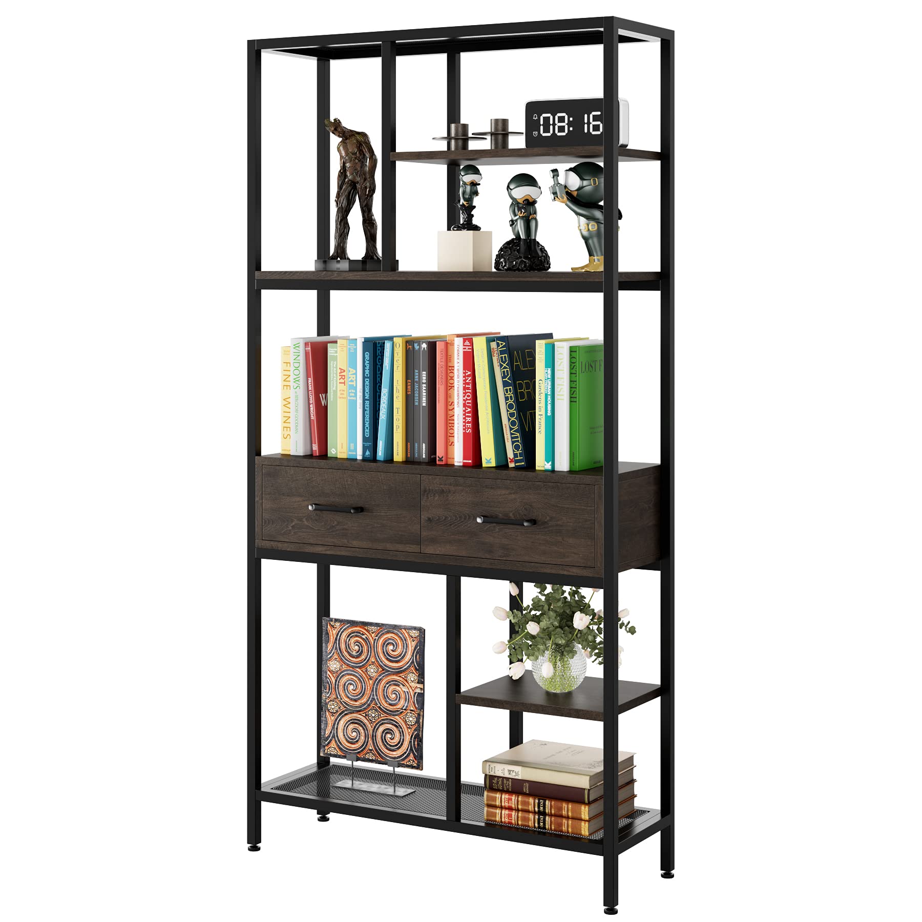 Industrial Tall Bookshelf with 6-Tier Storage & Drawers - Dark Brown Office Bookcase for Home, Bedroom & Living Room | Perfect for Book Display, Home Organization & Office Storage Solutions
