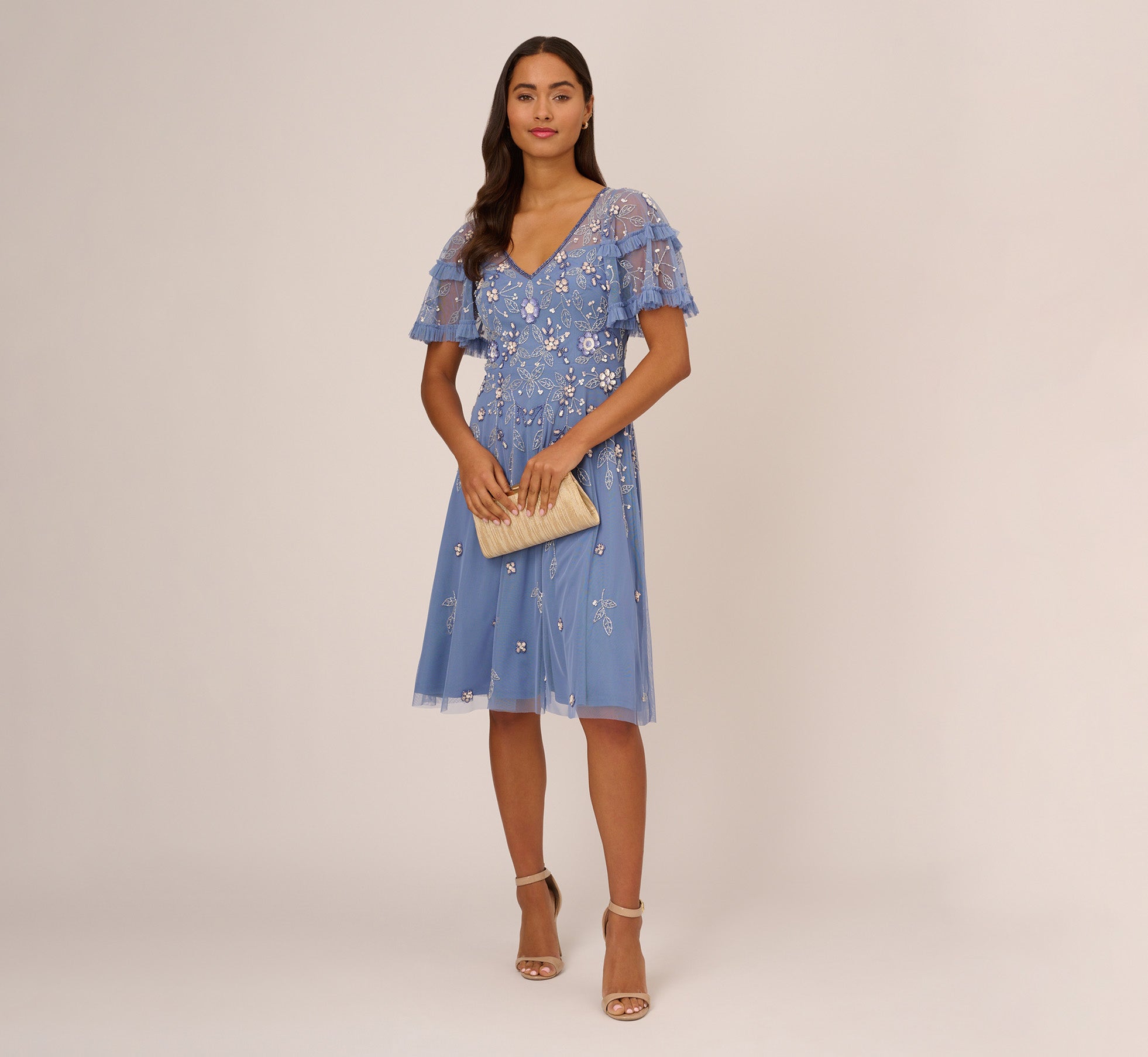 French Blue Beaded Midi Dress with Sheer Ruffled Sleeves | Elegant Party, Wedding Guest & Summer Cocktail Dress