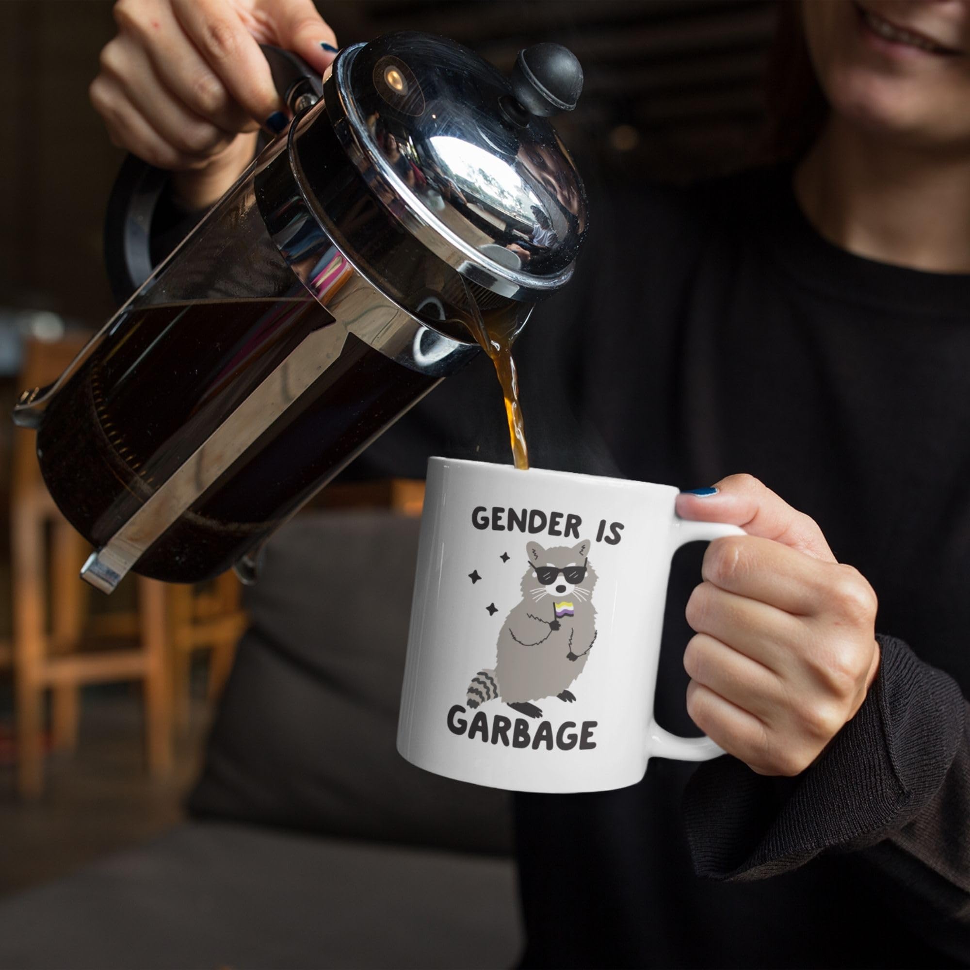 Non Binary Raccoon Pride Coffee Mug - 11oz Funny Ceramic Cup with Double-Sided Print, Unique Humor Gift for Women & Men - Perfect for LGBTQ+ Pride Celebrations, Office Coffee Breaks & Novelty Gift Giving