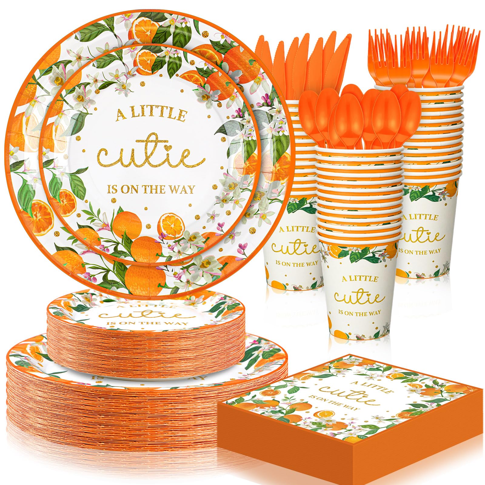 350-Piece Orange Little Cutie Baby Shower Party Supplies Set - Includes Dessert Plates, Napkins & Forks for 50 Guests - Perfect for Baby Shower, Gender Reveal & Birthday Celebrations - 