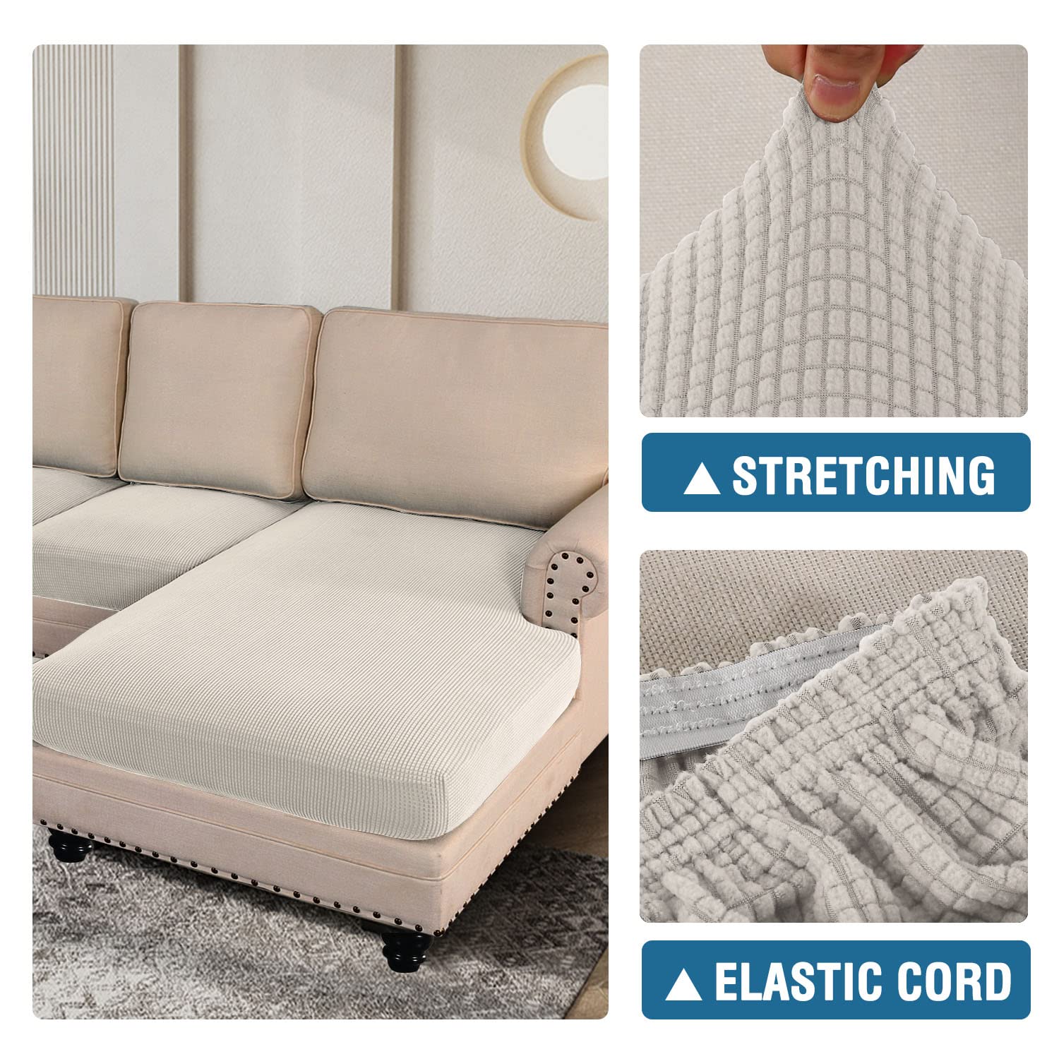 H.VERSAILTEX 3-Piece L-Shaped Sectional Sofa Covers - Reversible Left/Right Chaise & Seat Cushion Protectors (Ivory) | Perfect for Living Room, Family Room & Home Theater Furniture Protection