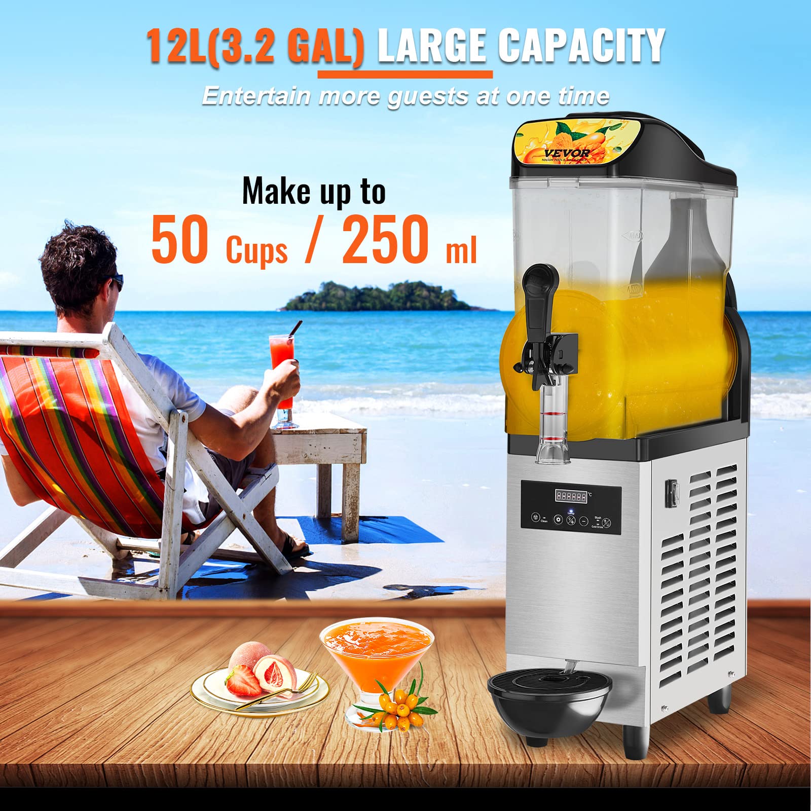 VEVOR 12L/3.2Gal Commercial Slushy Machine - Stainless Steel Frozen Drink Maker for Margaritas, Smoothies & Cocktails - 500W Slushie Machine for Home, Party, Restaurant, Cafe & Bar Use - Perfect for Summer Parties, Business Events & Cocktail Making