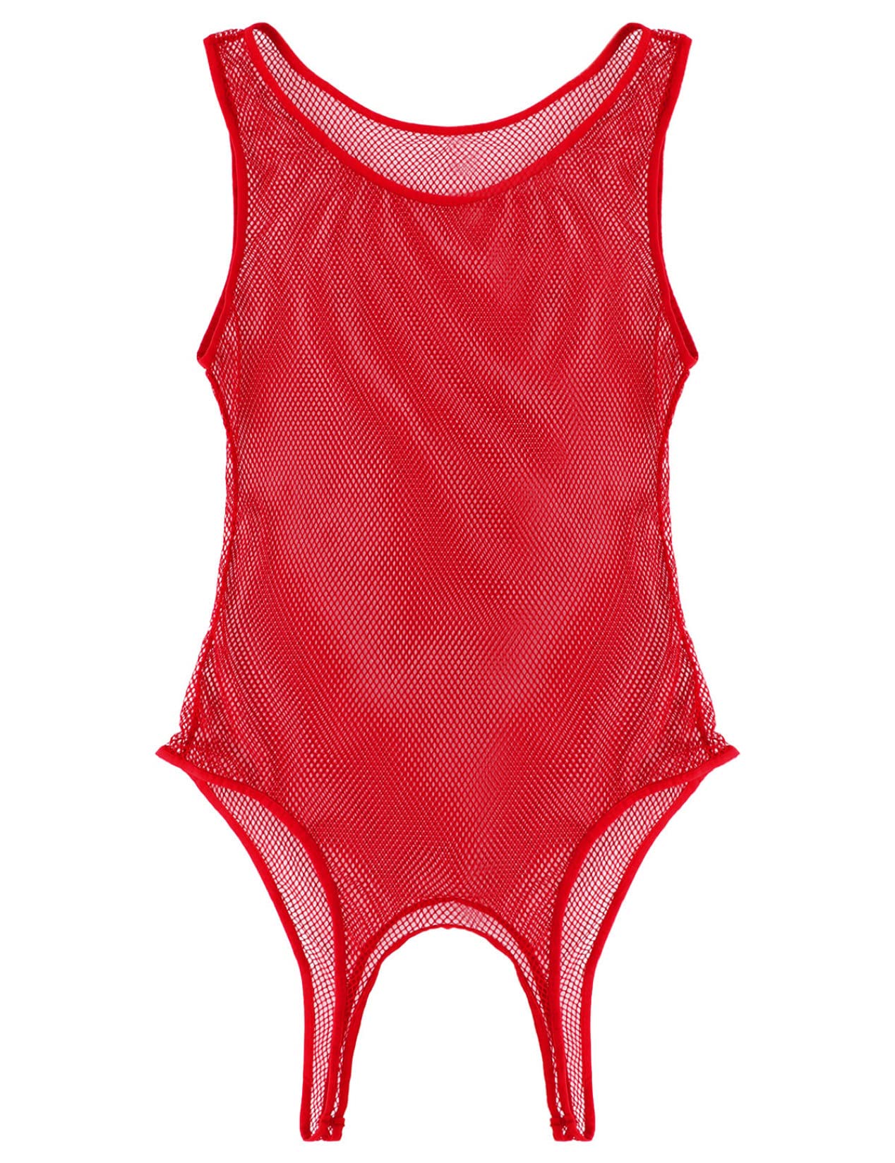 Sexy Red Fishnet Bodysuit for Men - One Piece Lingerie with High Cut Thong & Stockings - Medium Size Wrestling Leotard for Cosplay, Performance & Sensual Wear