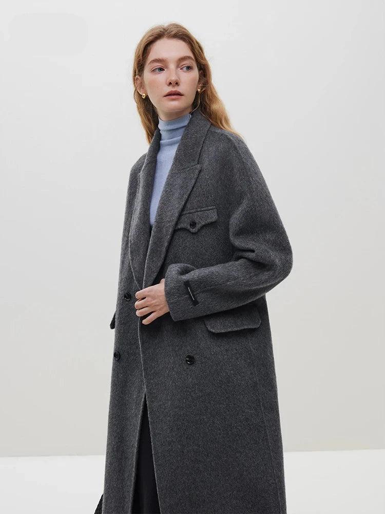 Women's Winter Double Sided 100% Wool Long Coat - Commuter Style Solid Color Warm Trench Coat for Office, Travel & Cold Weather