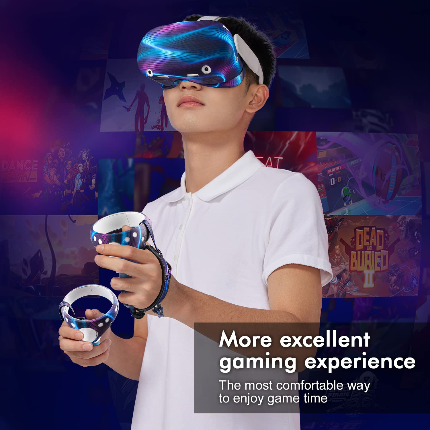 Relohas VR Accessories Kit for Oculus Quest 2 & Meta Quest 2 - Controller Grip Leather Cover, Protective Shell, Comfortable Face Cover - Perfect Christmas & Halloween Gifts (Aurora Blue) | Enhance Your VR Gaming Experience for Long Sessions & Immersive Play