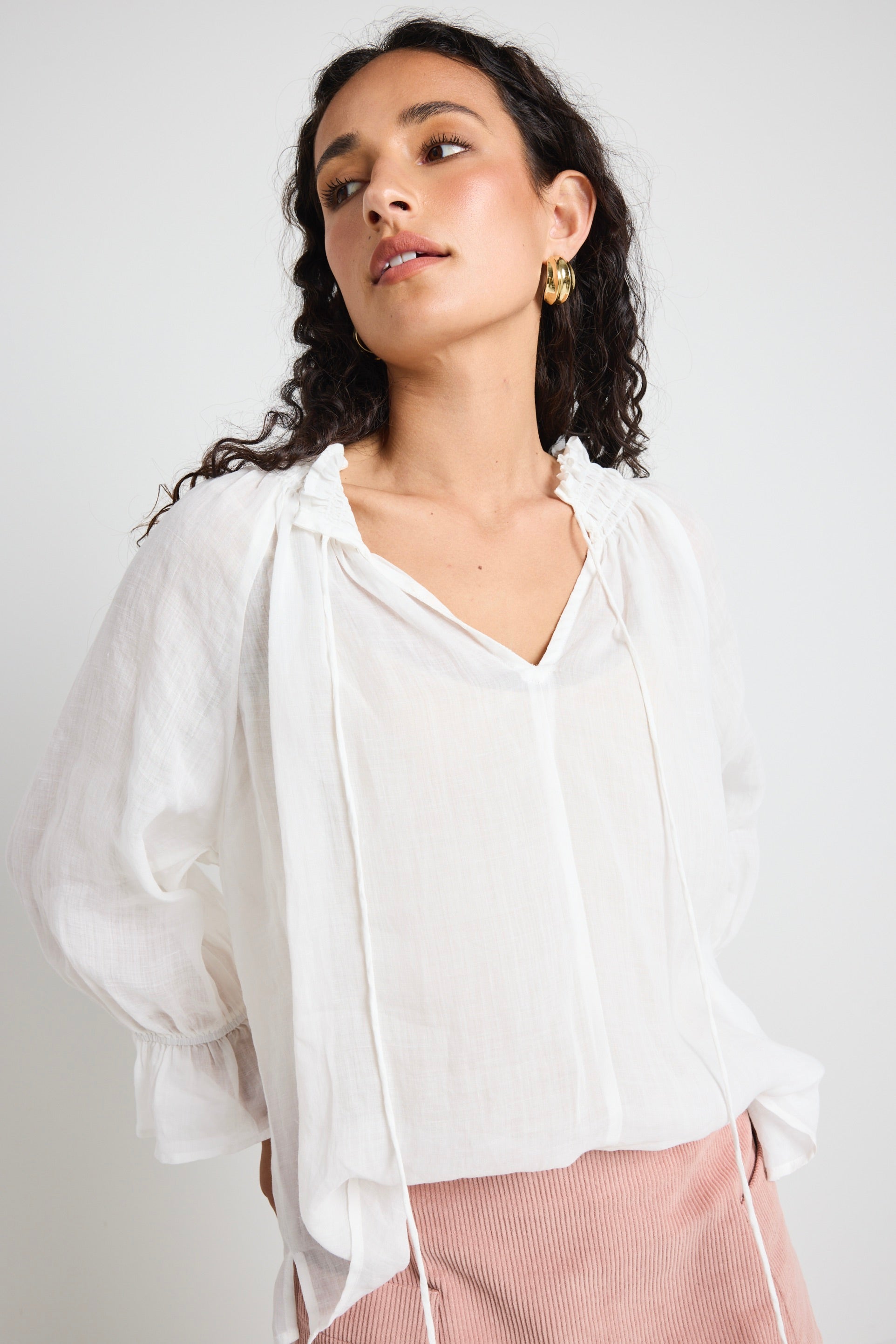 Expedition Ivory Ramie Shirred Neck Short Sleeve Top - Breathable Summer Blouse for Women, Casual & Travel Outfits, Perfect for Beach Vacations and Outdoor Adventures
