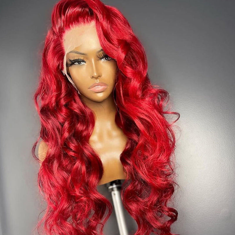 Eullair Nicki Minaj Inspired Red Straight/Body/Deep Wave Human Hair Lace Frontal Wig for Women with Pre-Plucked Hairline - Perfect for Cosplay, Parties & Daily Wear