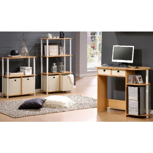 Furinno 3-Tier Multipurpose Storage Shelf - Space Saving Bookshelf Cabinet with 2 Bins for Home Office Organization, Beech Finish | Perfect for Storing Books, Toys, Kitchen Supplies & Home Decor