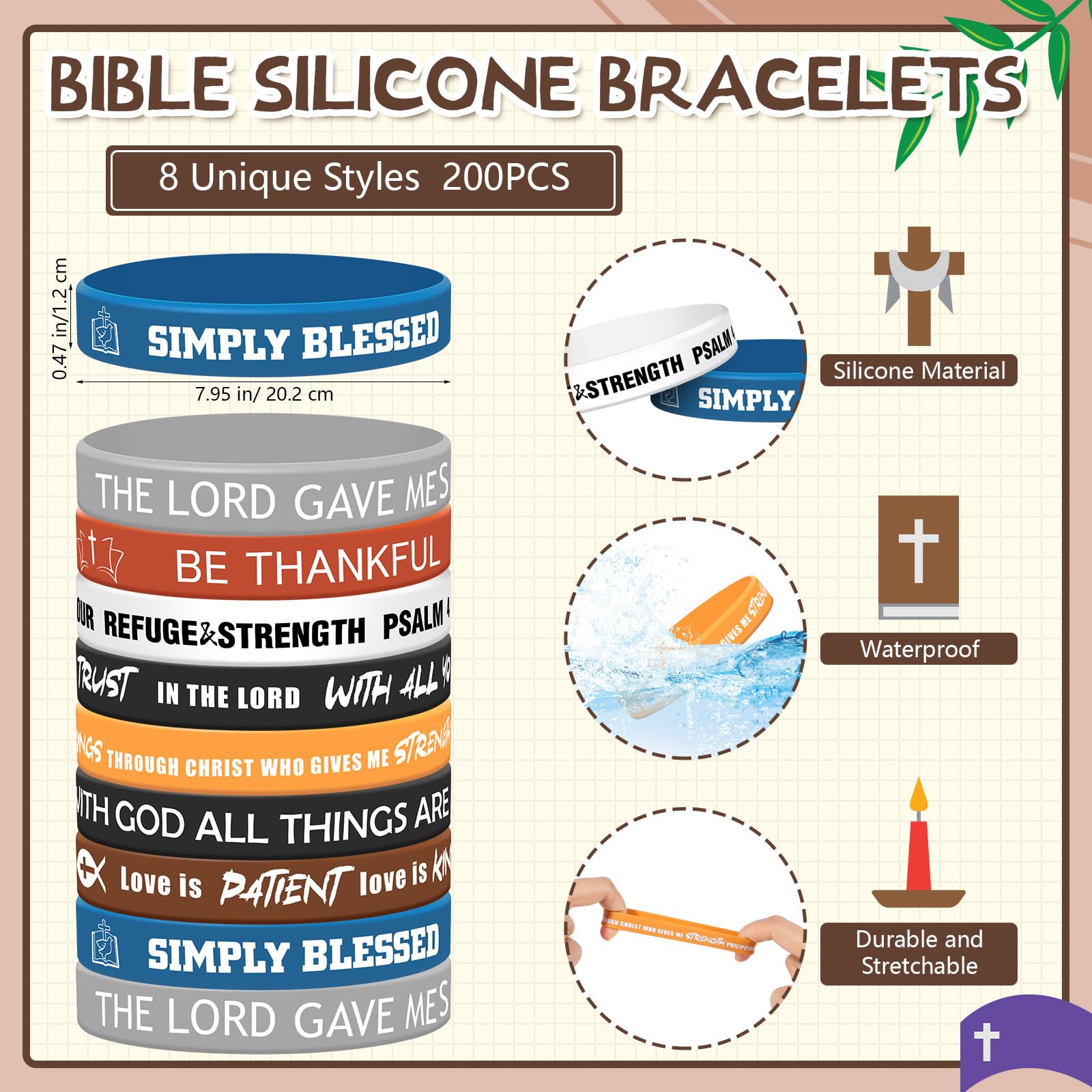 200 Pcs Religious Silicone Bracelets Bulk - Christian Scripture Rubber Wristbands with Bible Verses for Men, Women, Kids & Teens - Inspirational Spiritual Gifts for Church Events, Youth Groups & Faith-Based Parties (Retro Color)