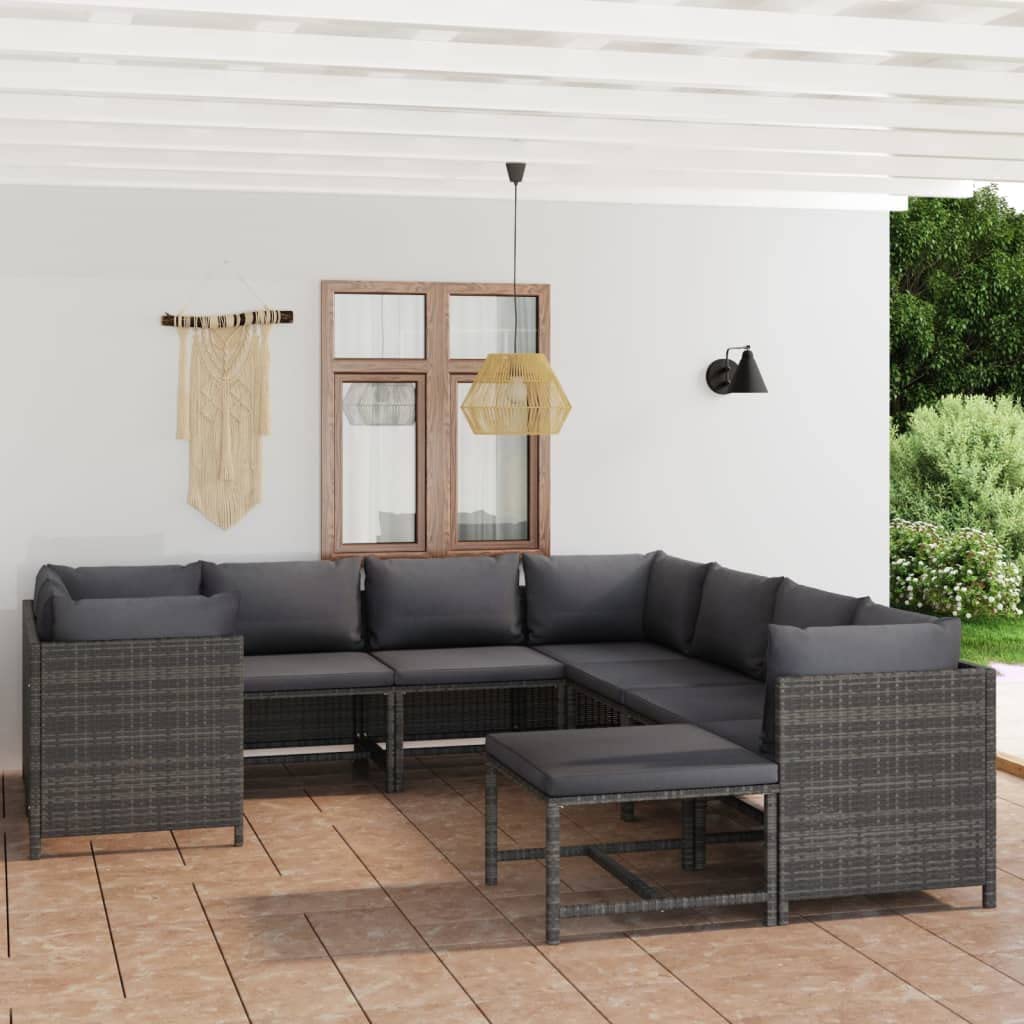 9-Piece vidaXL Patio Lounge Set - Modern Farmhouse Outdoor Sectional Sofa with Cushions & Footstool, Gray Poly Rattan Furniture for Backyard, Deck, or Poolside Relaxation