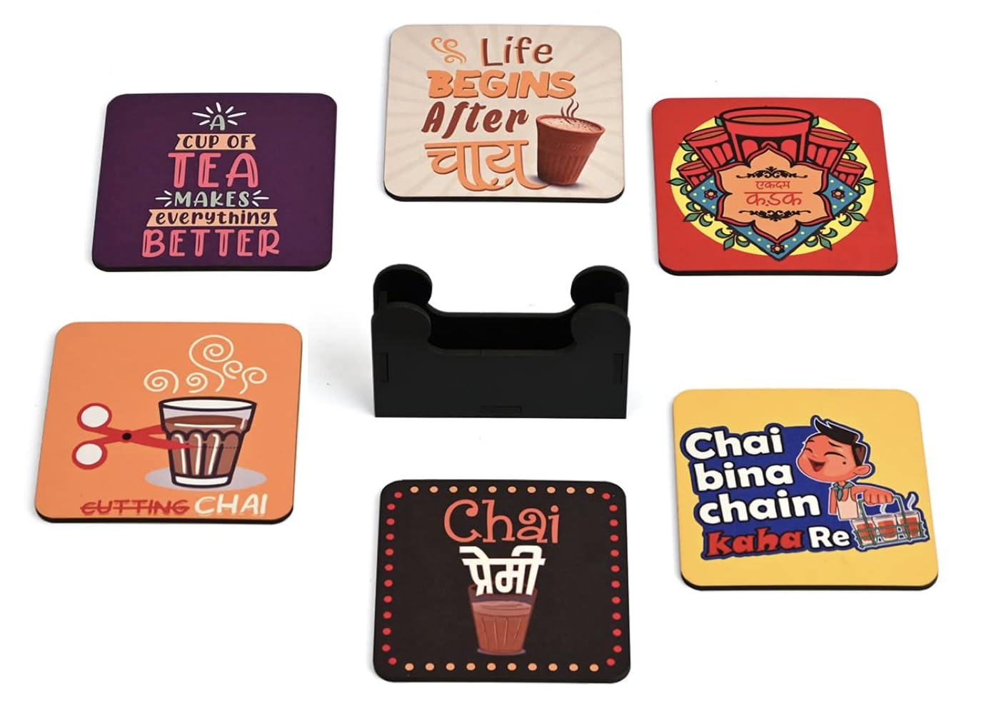My Creative Hut Set of 6 Tea Coasters - Beautiful Absorbent Cork Drink Coasters for Tea Cups, Coffee Mugs & Glasses with Stand - Perfect for Home, Office & Diwali Gifting (Chai Nukkad) - Protect Tables from Spills & Stains