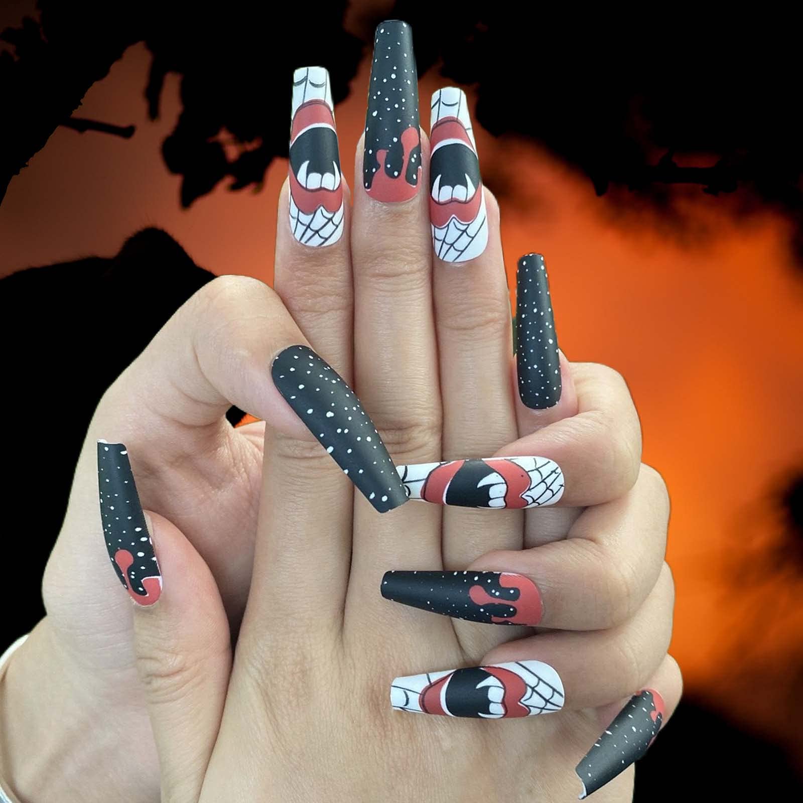 Florry Extra Long Coffin Press on Nails - Black Matte Acrylic Fake Nails for Women & Girls - 24Pcs Halloween Nail Art Set - Perfect for Parties, Costumes & Special Occasions