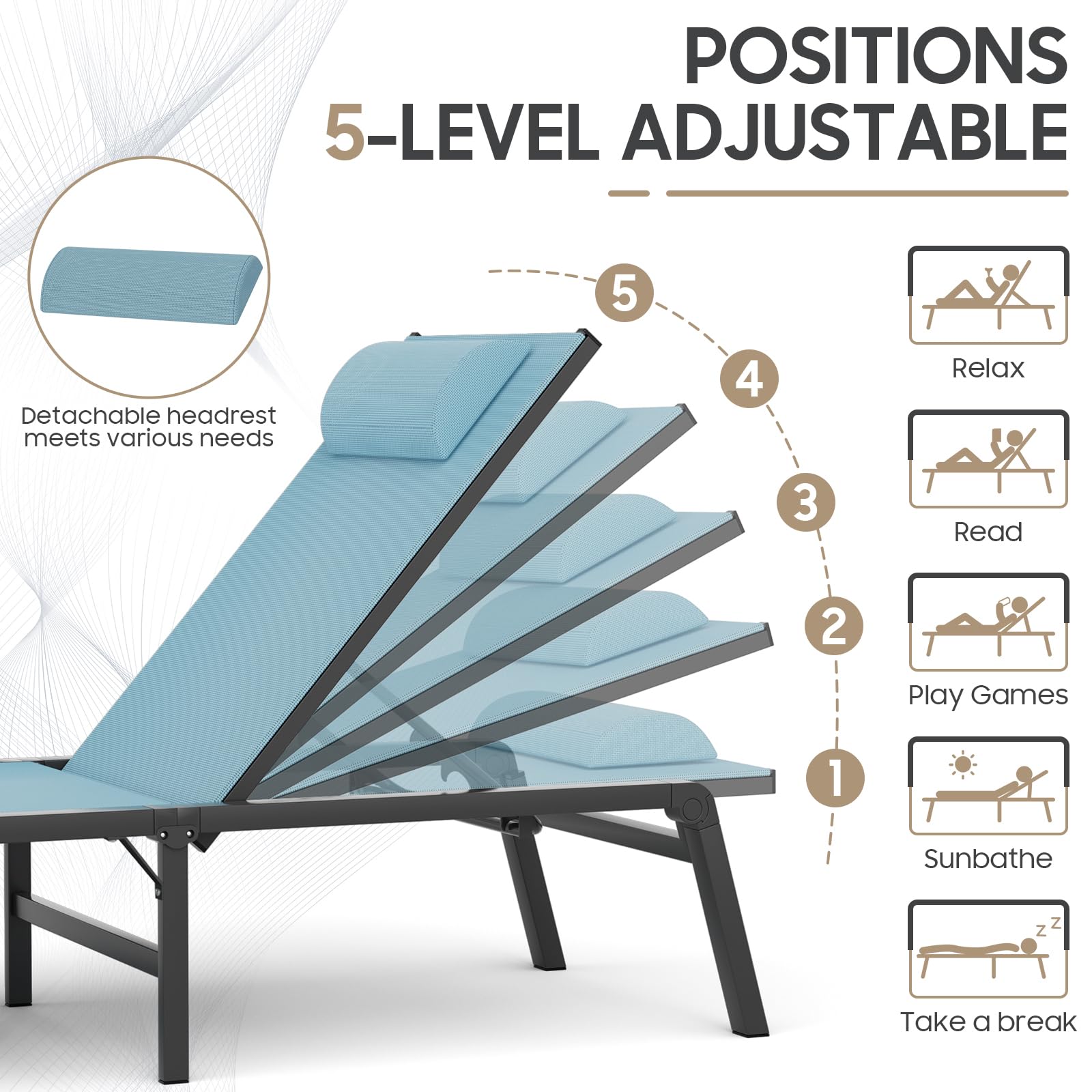 WOAJN 2-Pack Aluminum Patio Chaise Lounge Chairs - 5-Position Adjustable Backrest, Foldable Outdoor Poolside Chairs for Deck, Beach, Lawn & Backyard - Lightweight & Durable (Blue) | Perfect for Sunbathing, Relaxing by the Pool or Beach Vacation