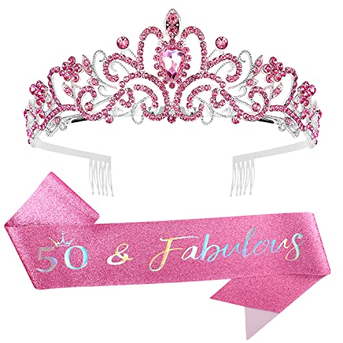 Elegant Pink 50th Birthday Sash & Tiara Set for Women - Gold Glitter 50th Birthday Crown & Sash - Perfect 50th Birthday Party Decorations & Gifts - Ideal for Milestone Celebrations, Birthday Parties & Photo Shoots