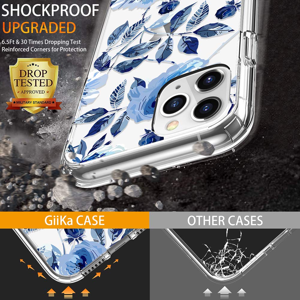 GiiKa Clear Floral Shockproof Hard PC Case with TPU Bumper & Screen Protector for iPhone 11 Pro Max | Protective Phone Cover for Women & Girls | Perfect for Everyday Use, Travel & Outdoor Activities