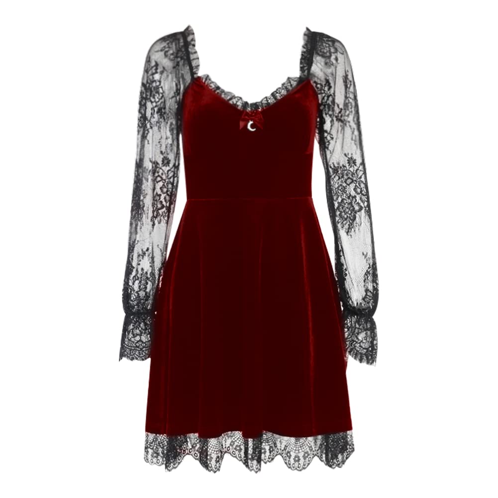 IDOPIP Gothic Lolita Floral Lace Long Sleeve Velvet Dress for Women - Black See-Through Ruched Suede Dress for Wedding Guest, Party & Special Occasions