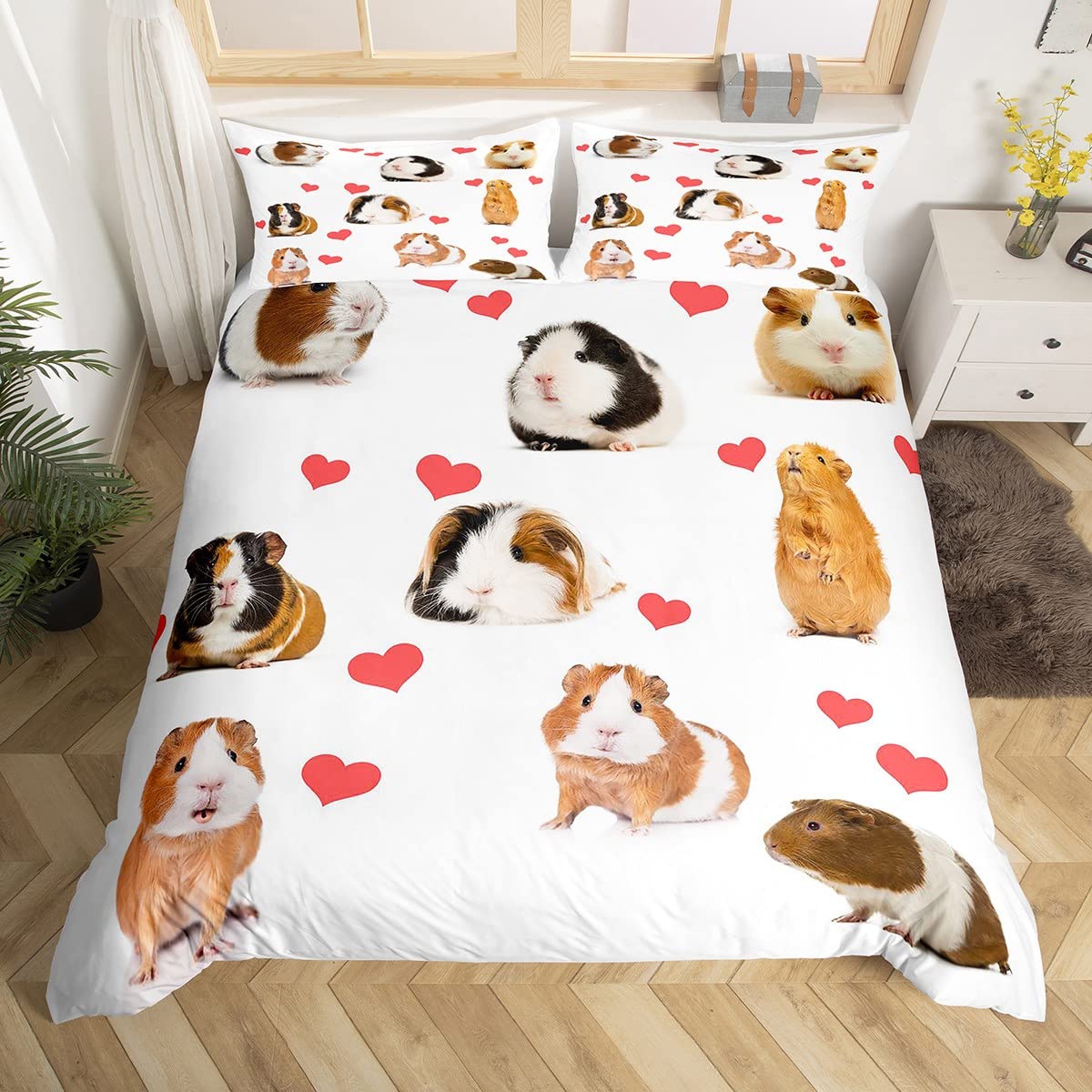 **Guinea Pig Duvet Cover Set - Cute Cavy Pattern Microfiber Comforter Cover for Kids, Boys & Girls - Red Heart Love Pet Animal Decor Bedding - Twin Size for Bedroom - Perfect for Guinea Pig Lovers & Pet-Themed Decor**    *(Use Case: Ideal for kids' bedrooms, pet lovers' spaces, or adding a playful animal-themed touch to any room.)*