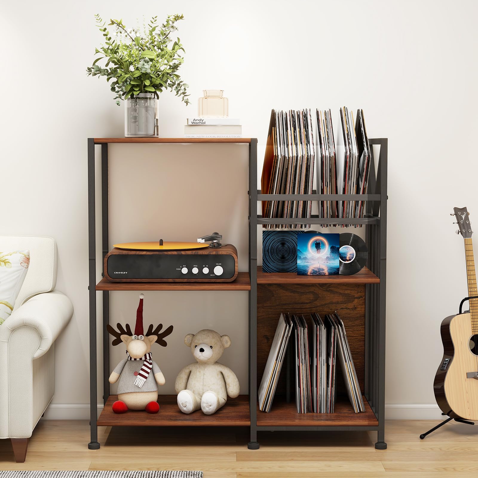 Adjustable 3-Tier Record Player Stand with LED Lighting & USB Charging Station - Holds 240 Vinyl Albums, Turntable Shelf with Speaker Space - Perfect for Living Room Music Setup & Vinyl Record Storage
