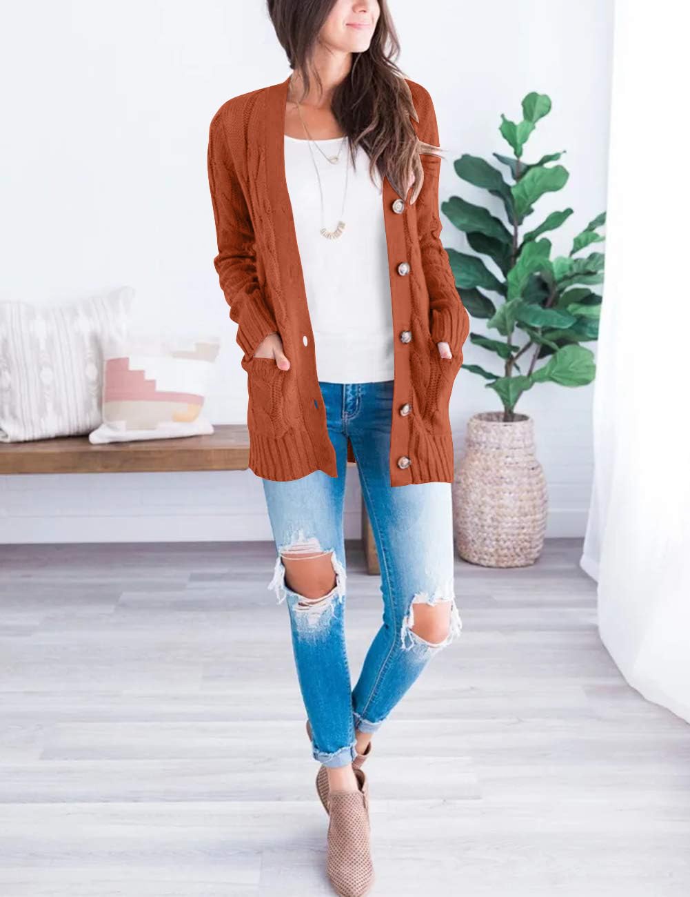 MEROKEETY Women's 2025 Fall Long Sleeve Cable Knit Cardigan Sweater - Open Front Button Down Loose Fit Outerwear for Casual Wear, Office & Autumn Outfits