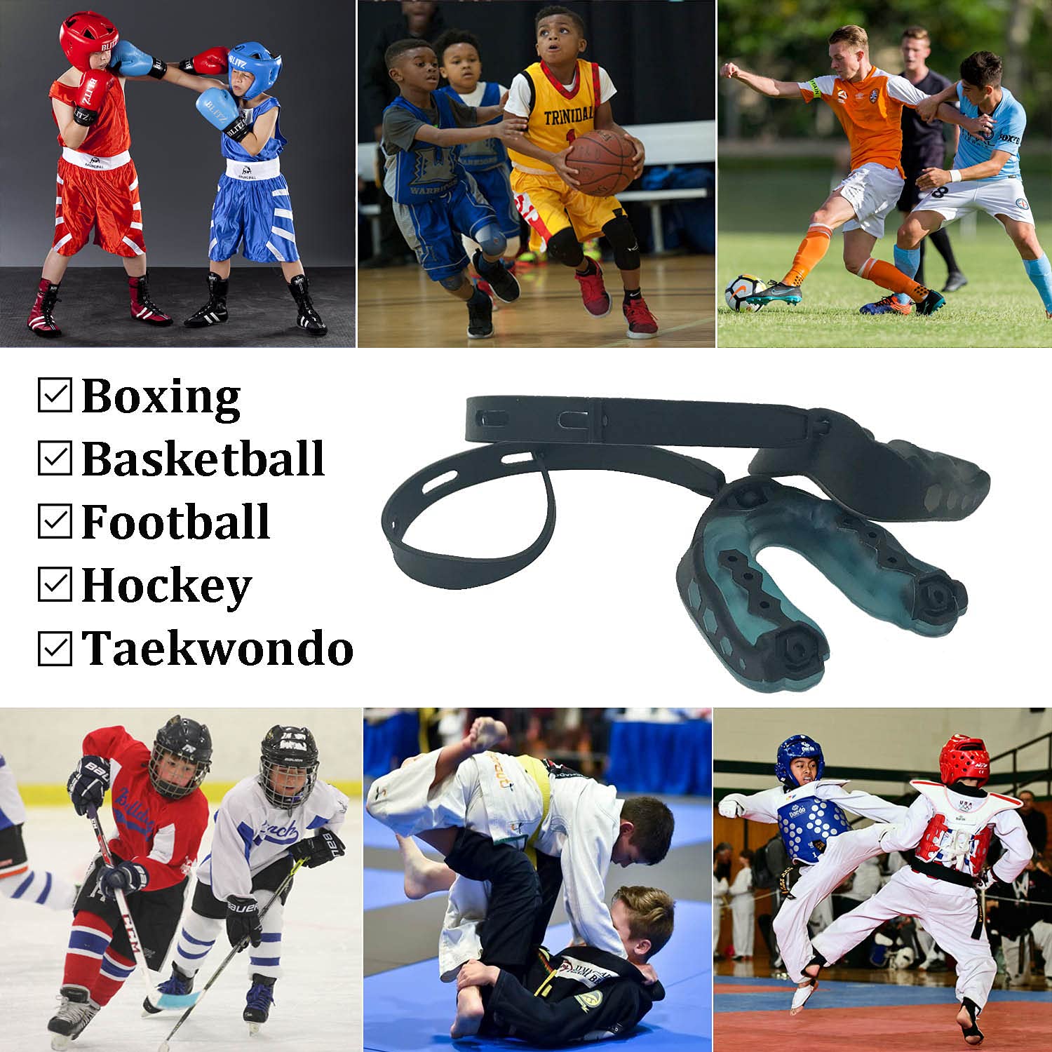 2 Pack Youth Sports Mouth Guard with Strap - Soft Protective Mouthpiece for Boxing, Basketball, Football, MMA, Hockey & Contact Sports (Black & Blue) - Perfect for Training, Games & Competition Safety