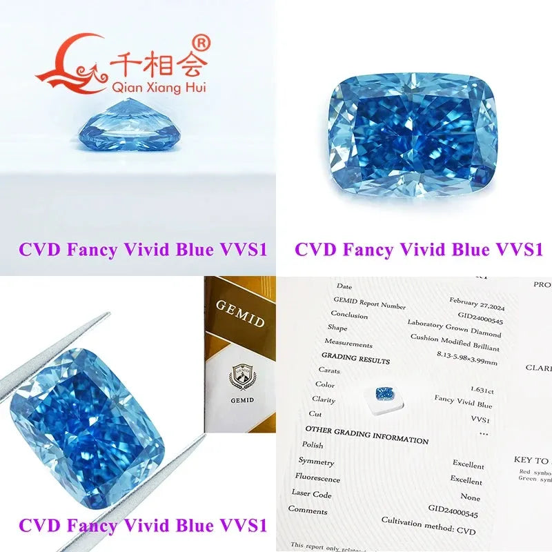 1ct & 2ct CVD Lab Grown Diamond - Fancy Vivid Aqua Blue, VS1 Clarity, Long Cushion Cut, GEMID Certified Loose Stone for Engagement Rings & Jewelry Making