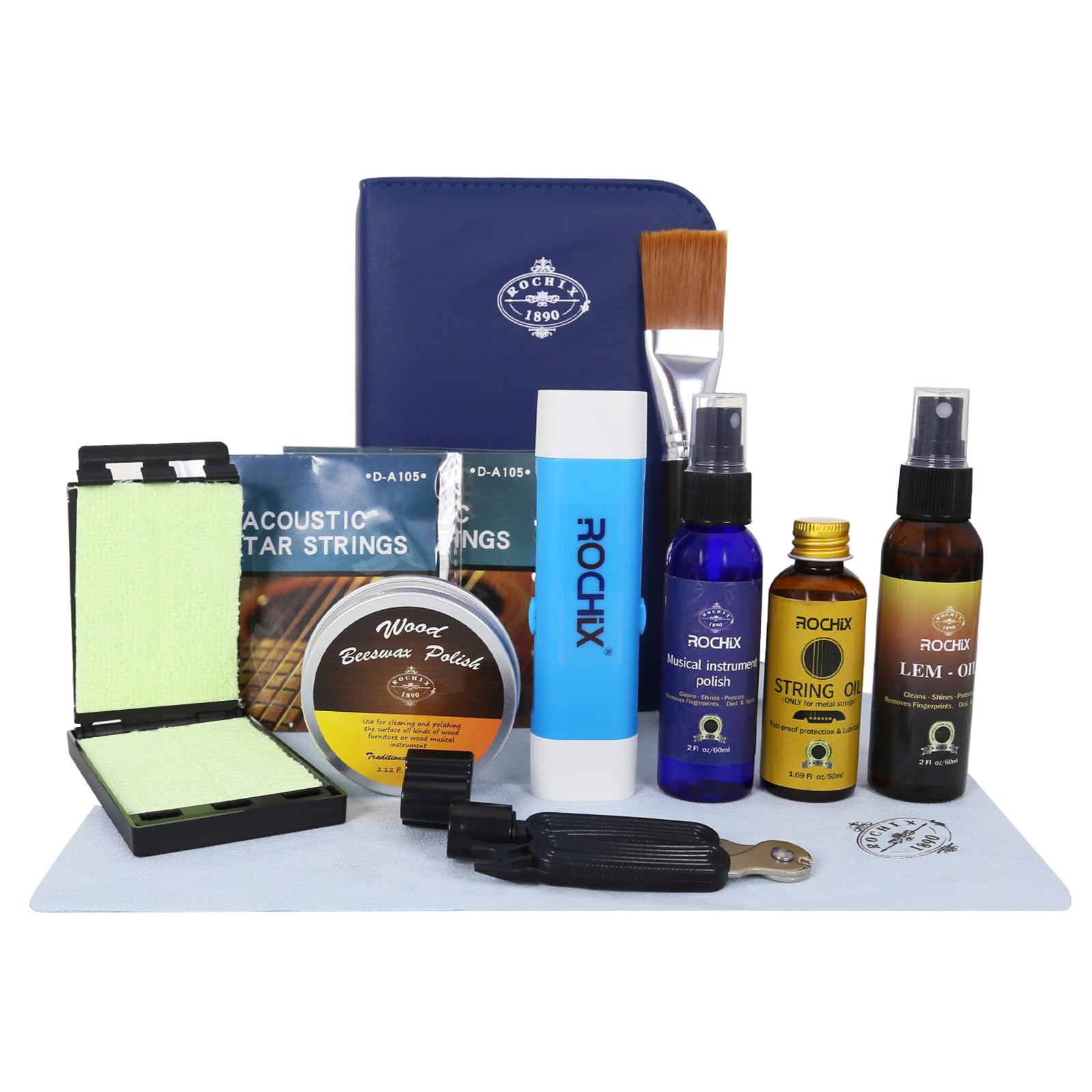 Premium 11-Piece Guitar Cleaning & Maintenance Kit - Beeswax, Polish, Lemon Oil, String Oil, String Saver, String Guard Pen (Random Color), Winder, Guitar Strings, Brush & Microfiber Cloth - Complete Care Solution for Acoustic & Electric Guitars - Perfect for Home, Studio & Stage Use