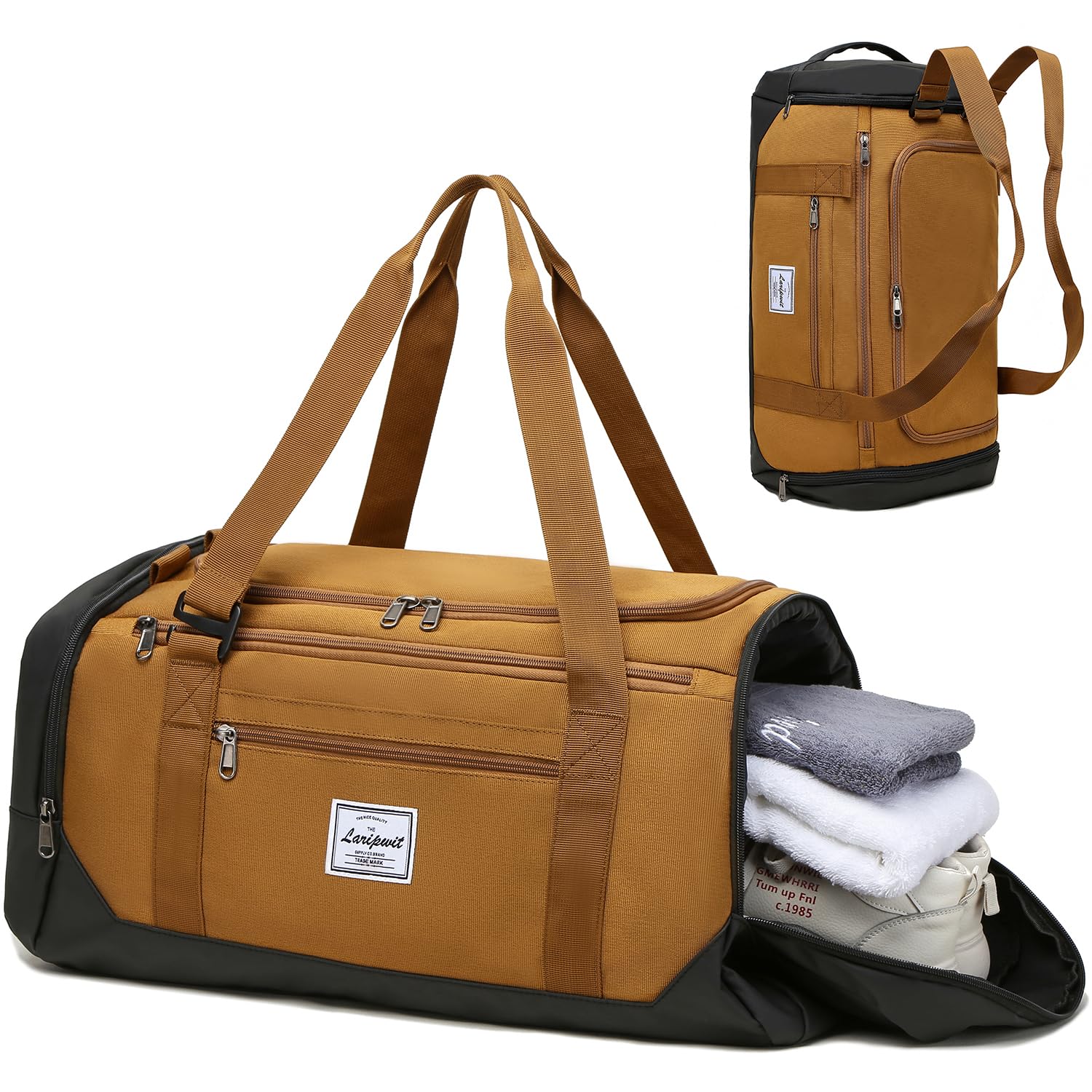 **Laripwit 40L Lightweight Gym Bag for Men & Women - Durable Sports Duffel with Shoe Compartment & Wet Pocket - Perfect for Travel, Workout, Weekender & Overnight Trips - Brown**    *(Use Cases: Ideal for gym workouts, sports travel, weekend getaways, business trips, and daily commuting.)*