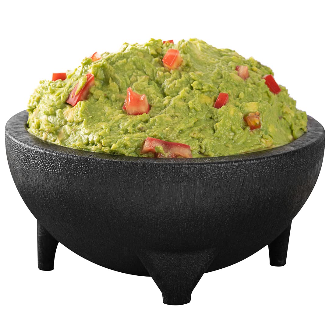 56oz Black Plastic Molcajete Salsa Bowl - 3-Legged Design, Microwave & Dishwasher Safe, Shatterproof Serving Bowl for Guacamole, Cheese Dip, Sauces - Perfect for Parties, Restaurants & Mexican Cuisine