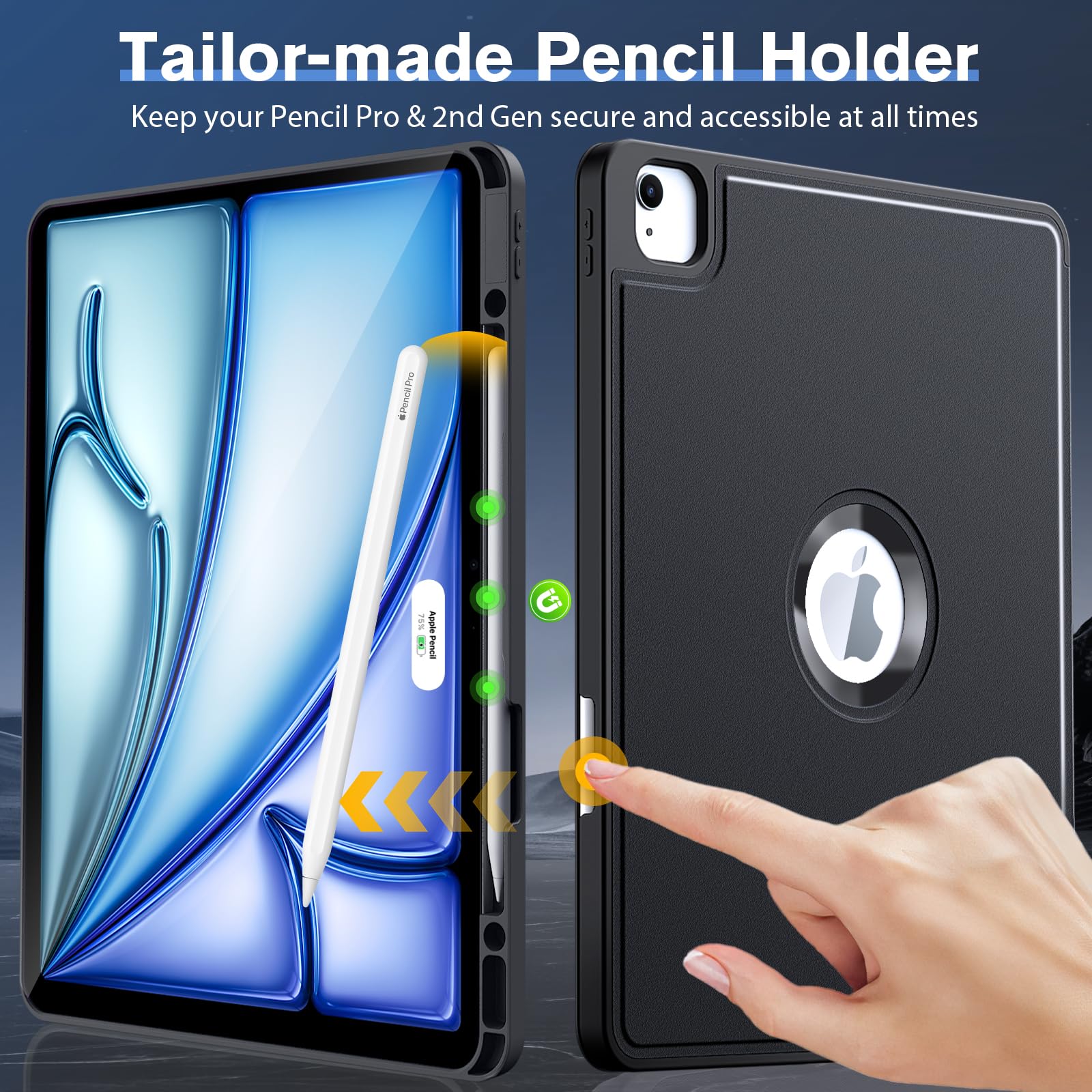 MoKo iPad Air 13 inch Case (M3 2025/M2 2024) & iPad Pro 12.9 Case 6th/5th Gen (2022/2021) - Ultra-Thin Protective Cover with Apple Pencil Holder, Trifold Stand, Auto Wake/Sleep - Perfect for Work, Travel & Home Use - Black