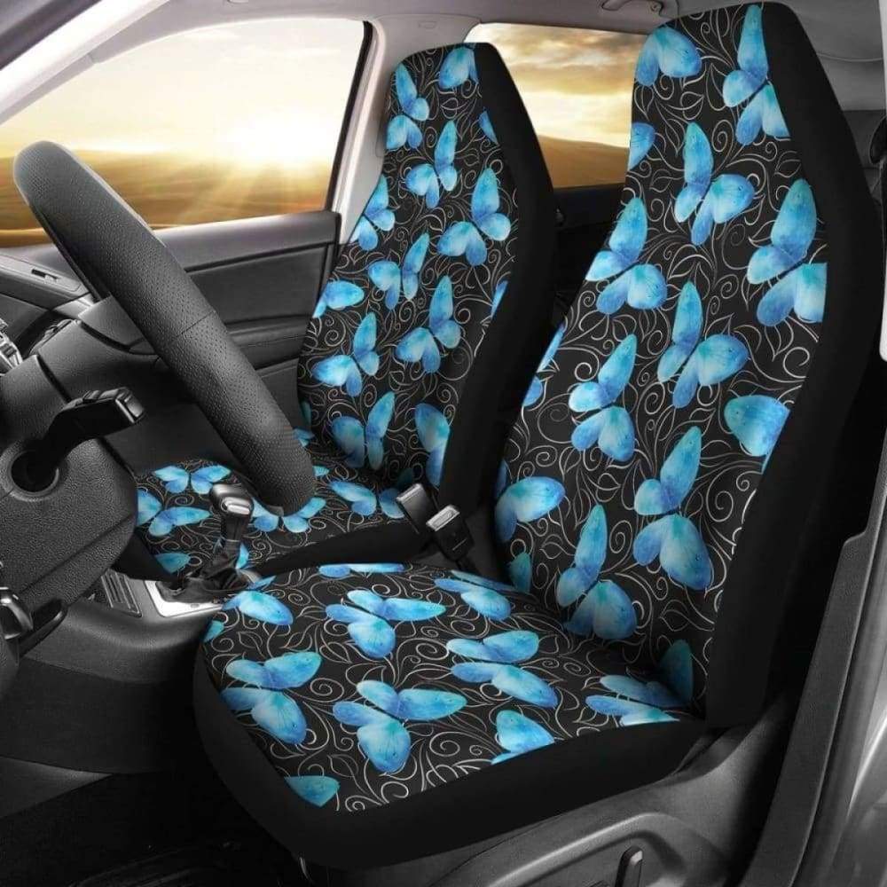 Premium Black Car Seat Covers with Elegant White Leaves & Blue Butterflies Design - Universal Fit for Cars, SUVs & Trucks - Perfect for Daily Commute, Road Trips & Interior Protection