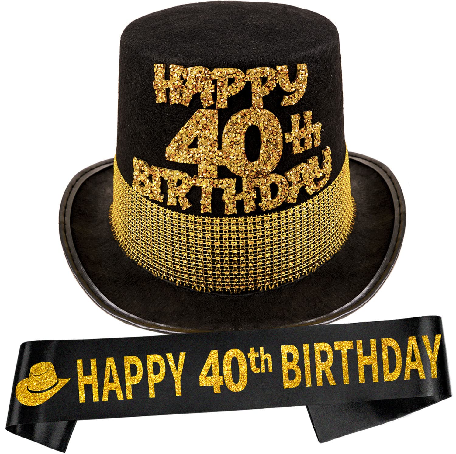40th Birthday Gifts for Men - Funny 40 Year Old Party Hat & Sash Set - Gold Black Birthday Decorations for Him - Perfect for Milestone Celebrations, Surprise Parties & Photo Booths