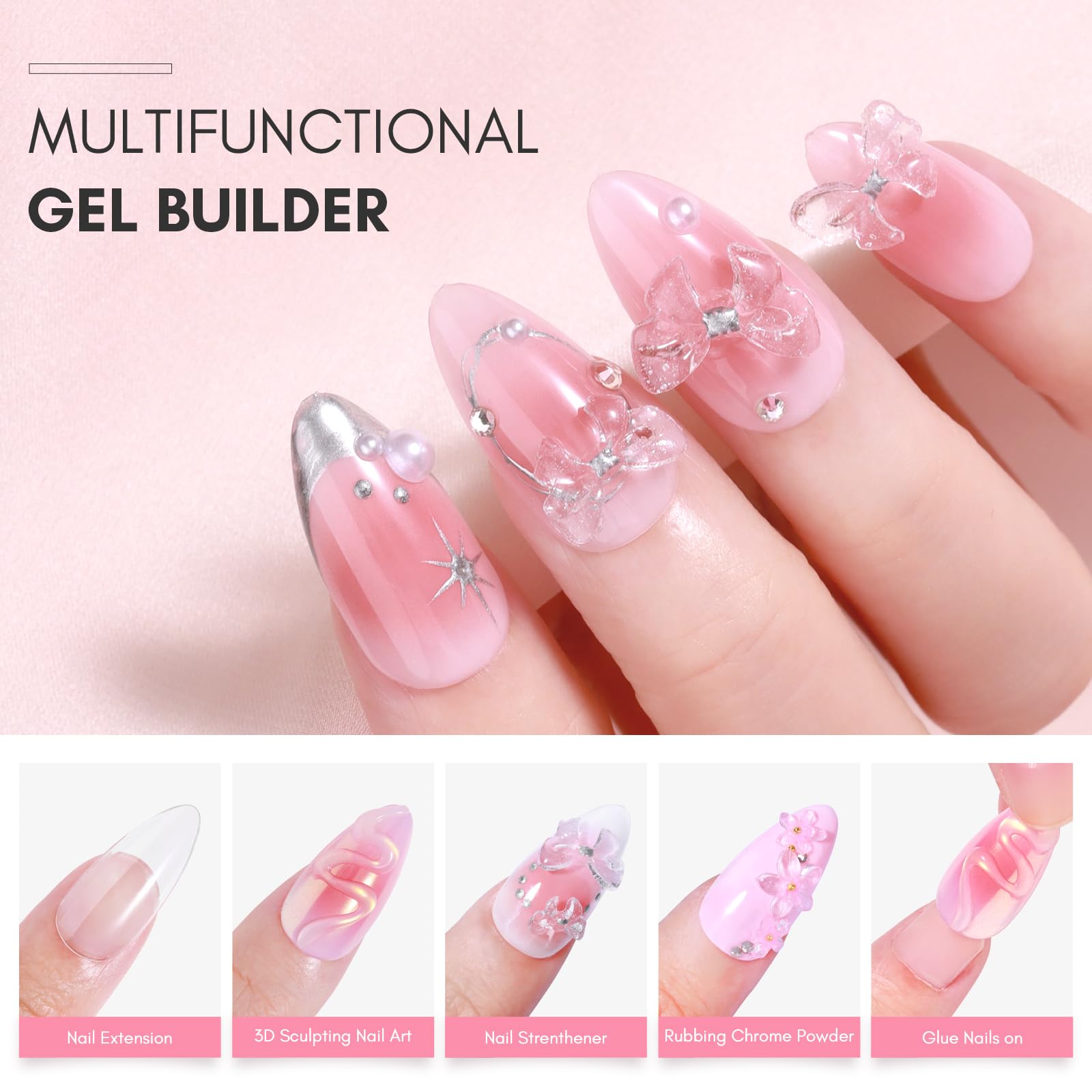 Makartt 4-in-1 Solid Gel Builder for Nail Extensions - 3D Sculpting Gel, UV Nail Glue & Hard Gel for Acrylic Nails & Rhinestones (15ml x 2 Bottles, Clear) | Professional Salon & DIY Home Manicure | UV/LED Lamp Required