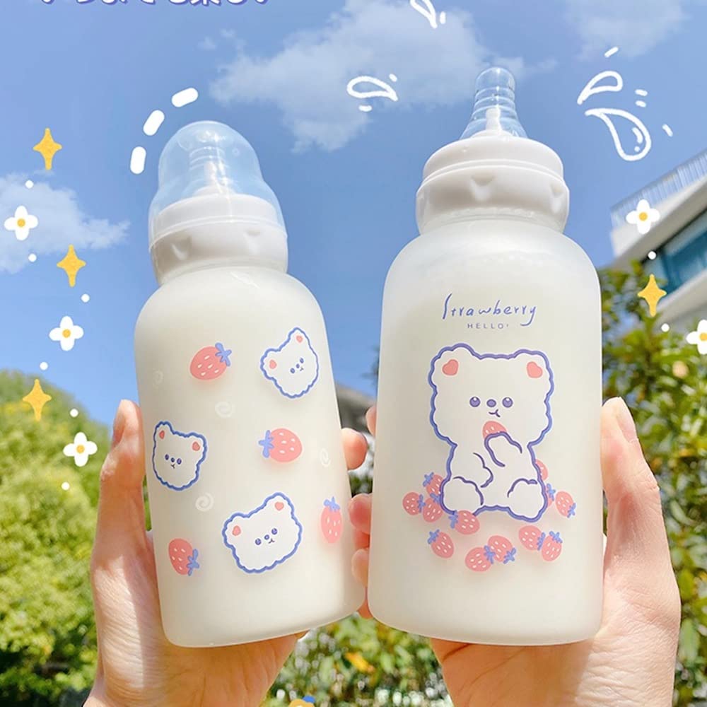 Strawberry Bear Glass Water Bottle with Straw Lid - 11oz Cute Kawaii Water Bottle for Women Adults, BPA Free Borosilicate Glass, Portable Drinking Bottle for Office, Gym, Travel, and Outdoor Activities