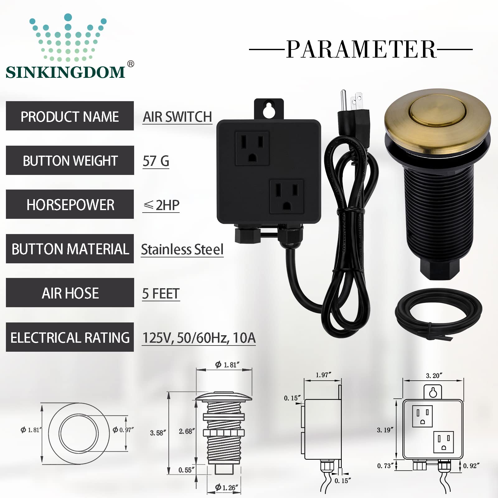 Premium SinkTop Garbage Disposal Air Switch Kit with Long Button - Champagne Bronze Finish (Brass Cover) | Easy Waste Disposal Control for Kitchen Sinks | Perfect for Modern Homes & Restaurants