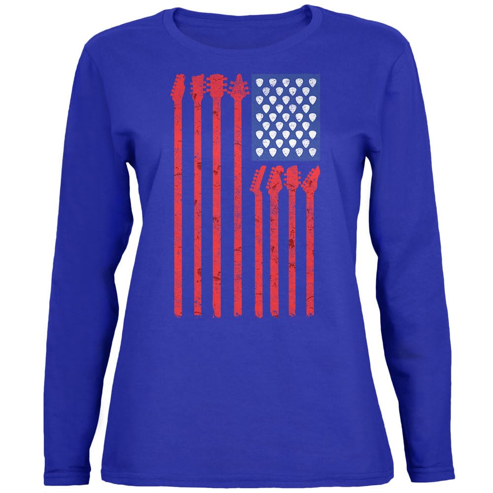 Old Glory 4th of July Patriotic Stars & Stripes Guitar American Flag Women's Long Sleeve T-Shirt - Perfect for Independence Day Celebrations, Concerts & Casual Wear