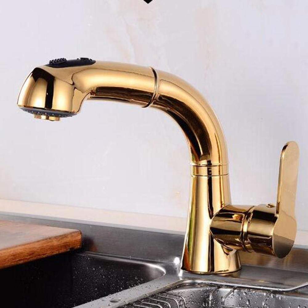 Premium Gold Pull Down Kitchen Faucet with Sprayer - Brass Hot & Cold Water Sink Tap with Telescopic Rotating Spout - Perfect for Modern Kitchens & Bar Sinks