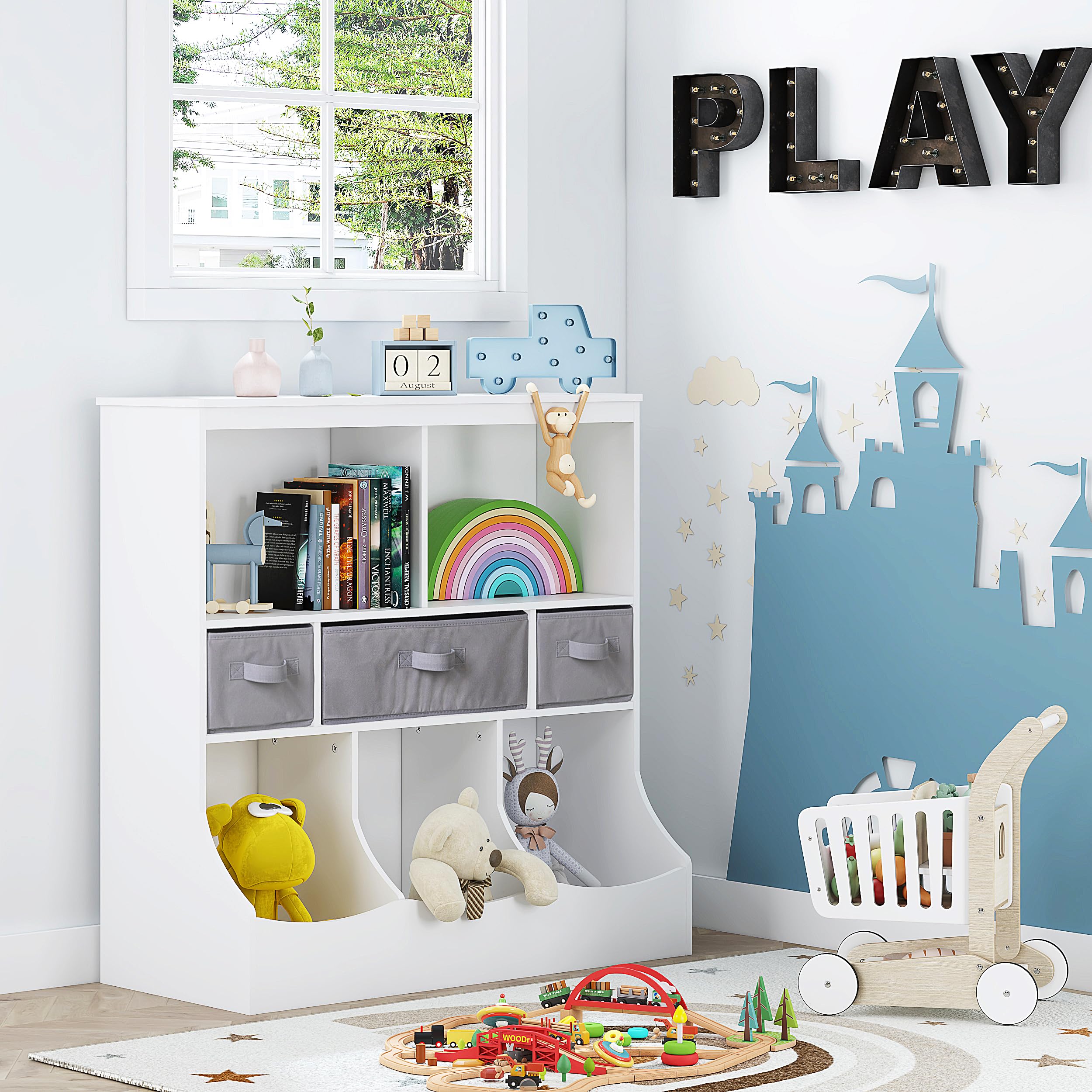 UTEX Kids Toy Storage Organizer with Bookcase - 8 Compartments & 3 Baskets, White Multi-Shelf Cubby for Books, Toys & Games - Perfect for Playrooms, Bedrooms & Daycare Centers