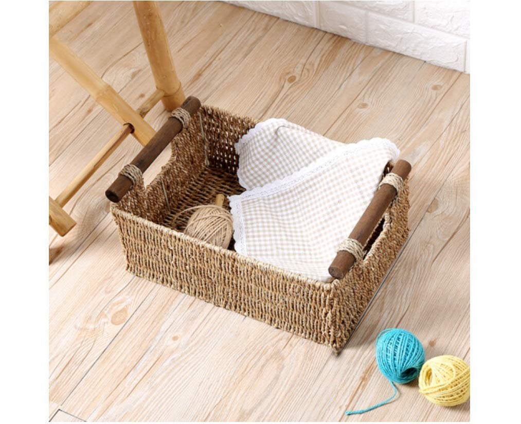 Handmade Straw American Solid Wood Handle Storage Basket - 37x26x16x13.5cm - Coffee Table Organizer, Snack Storage, Home Decor for Living Room & Bedroom