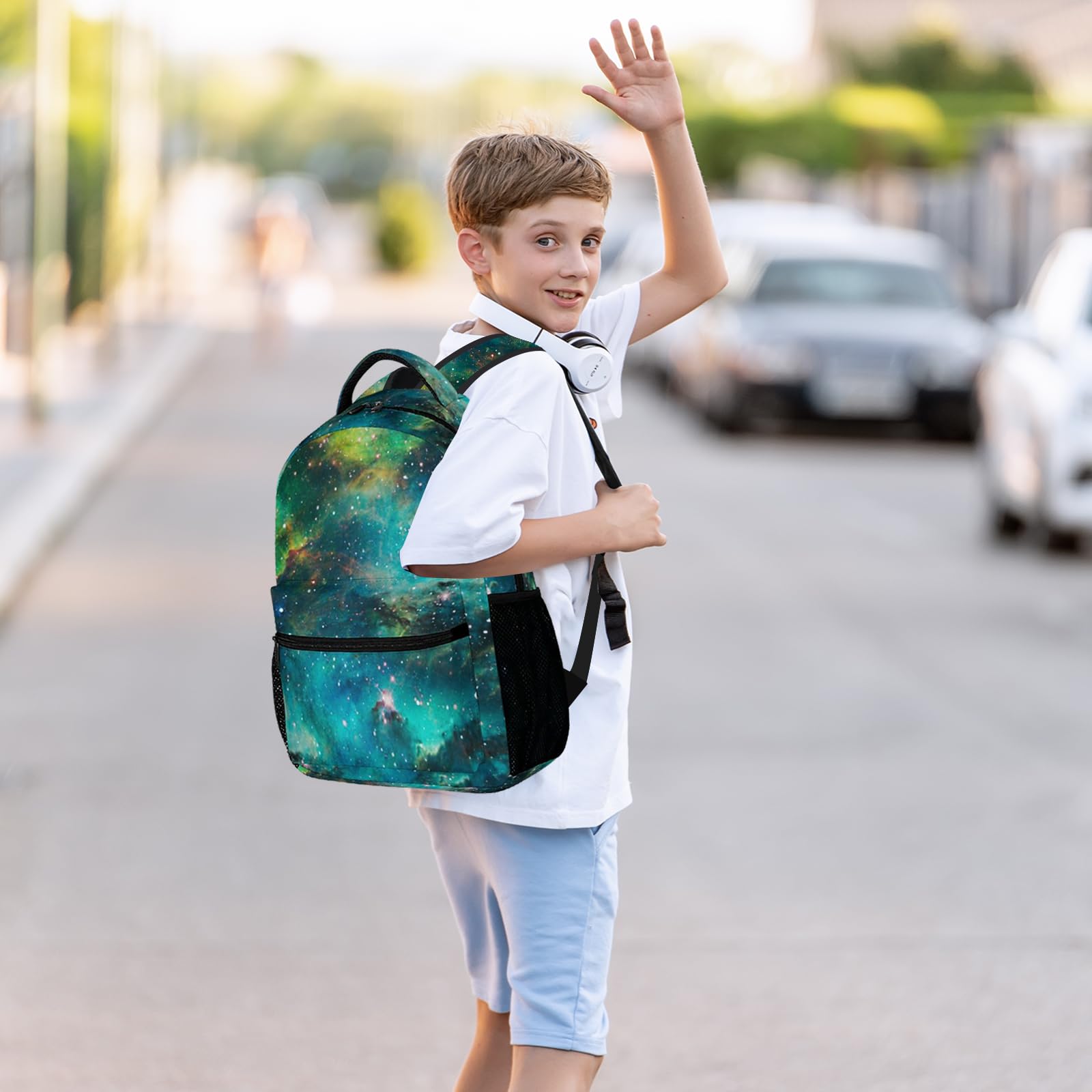 Green Galaxy Backpack for Kids - Space Universe School Backpack for Boys & Girls | Starry Nebula Design | 16.5 Inch Children's Travel & Laptop Backpack - Perfect for Elementary School, Day Trips & Outdoor Adventures