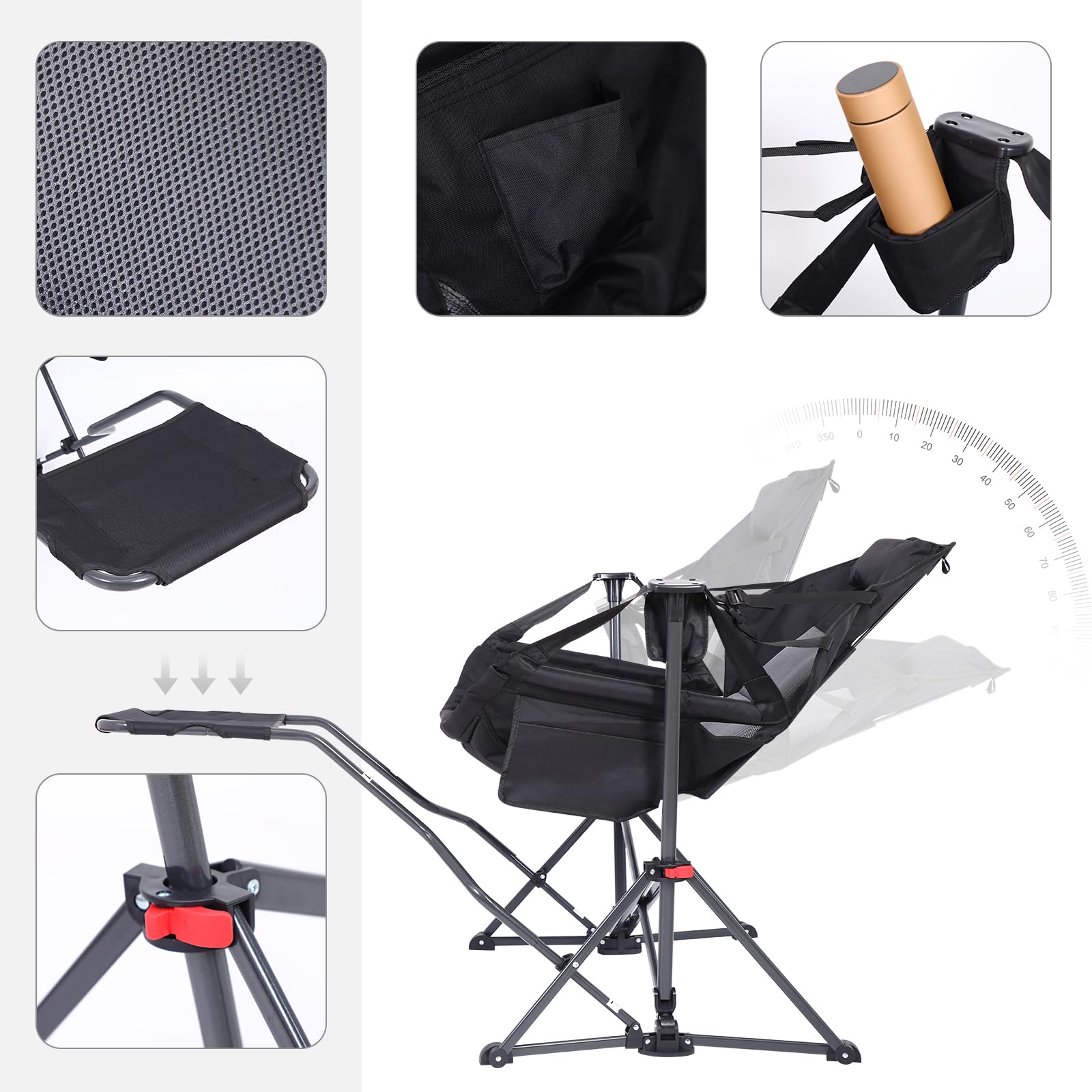 Premium Hammock Camping Chair with Stand - Heavy Duty Rocking Swivel Chair with High Back Support, Cup Holder & Side Pockets - Portable Outdoor Lounge Chair for Backyard, Beach, Camping & Patio Relaxation (Black with Footrest)