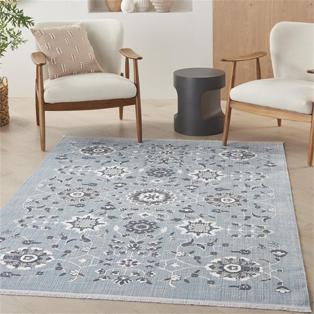 Nourison Lennox Light Blue Grey 4' x 6' Area Rug - Farmhouse Floral Design, Easy to Clean, Non-Shedding - Perfect for Bedroom, Living Room, Dining Room & Kitchen Decor (4x6)
