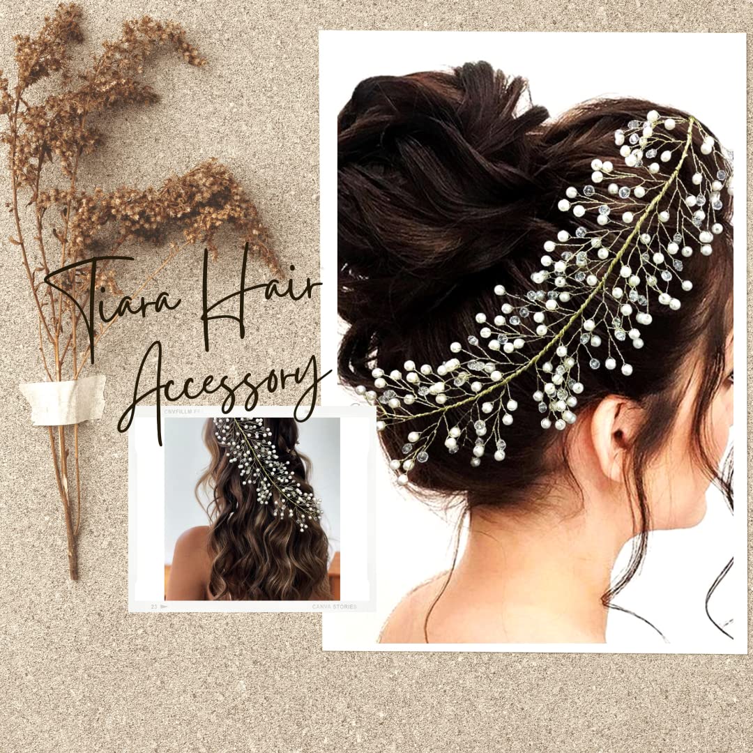 Elegant Pearl & Bead Hair Vine - Bridal Hair Pin for Women, Feather Side Bun Hair Clip for Girls - Perfect for Weddings, Prom & Special Occasions (Pack of 1)