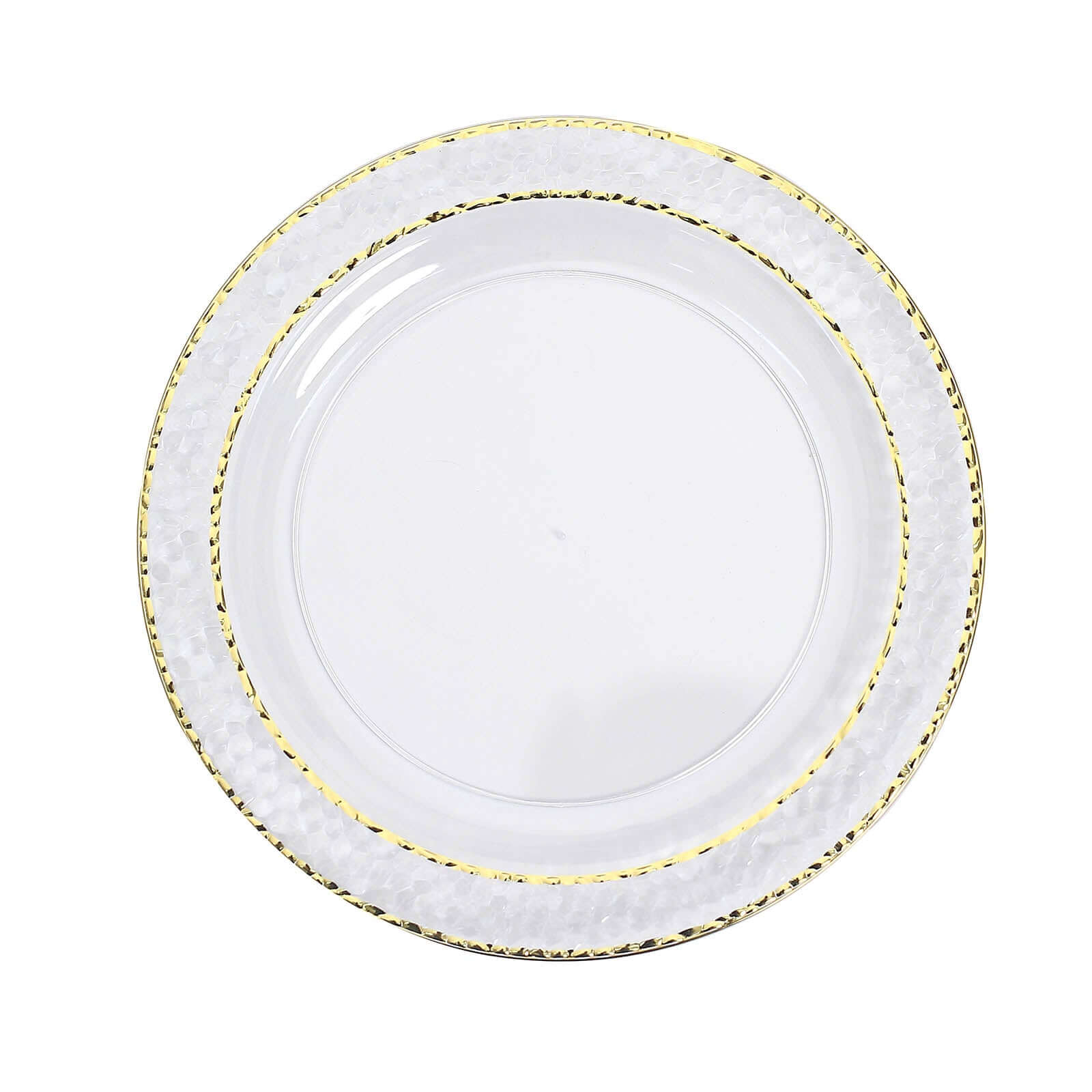 10 Pack Clear Hammered Plastic Dinner Plates with Gold Rim - Elegant Disposable Party Plates for Weddings, Banquets & Special Events - Perfect for Chic Celebrations & Upscale Gatherings