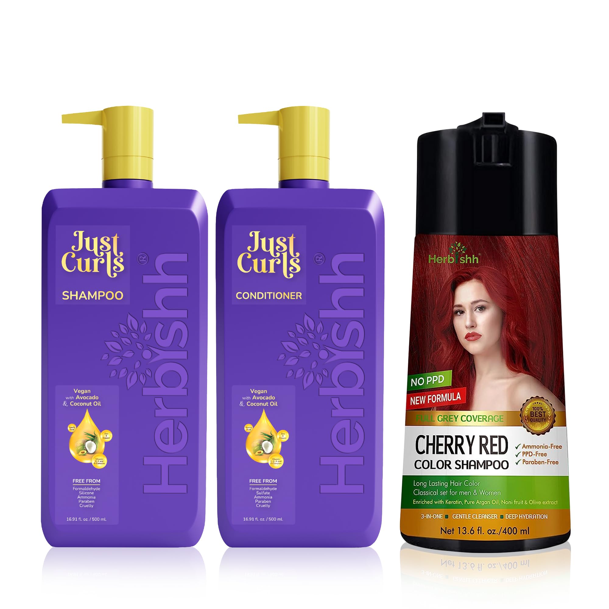 Herbishh Cherry Red Hair Color Shampoo for Gray Hair (400ml) & Curly Hair Shampoo Conditioner Set - Natural Gray Coverage & Curly Hair Care for Women & Men | At-Home Hair Coloring & Moisturizing Treatment
