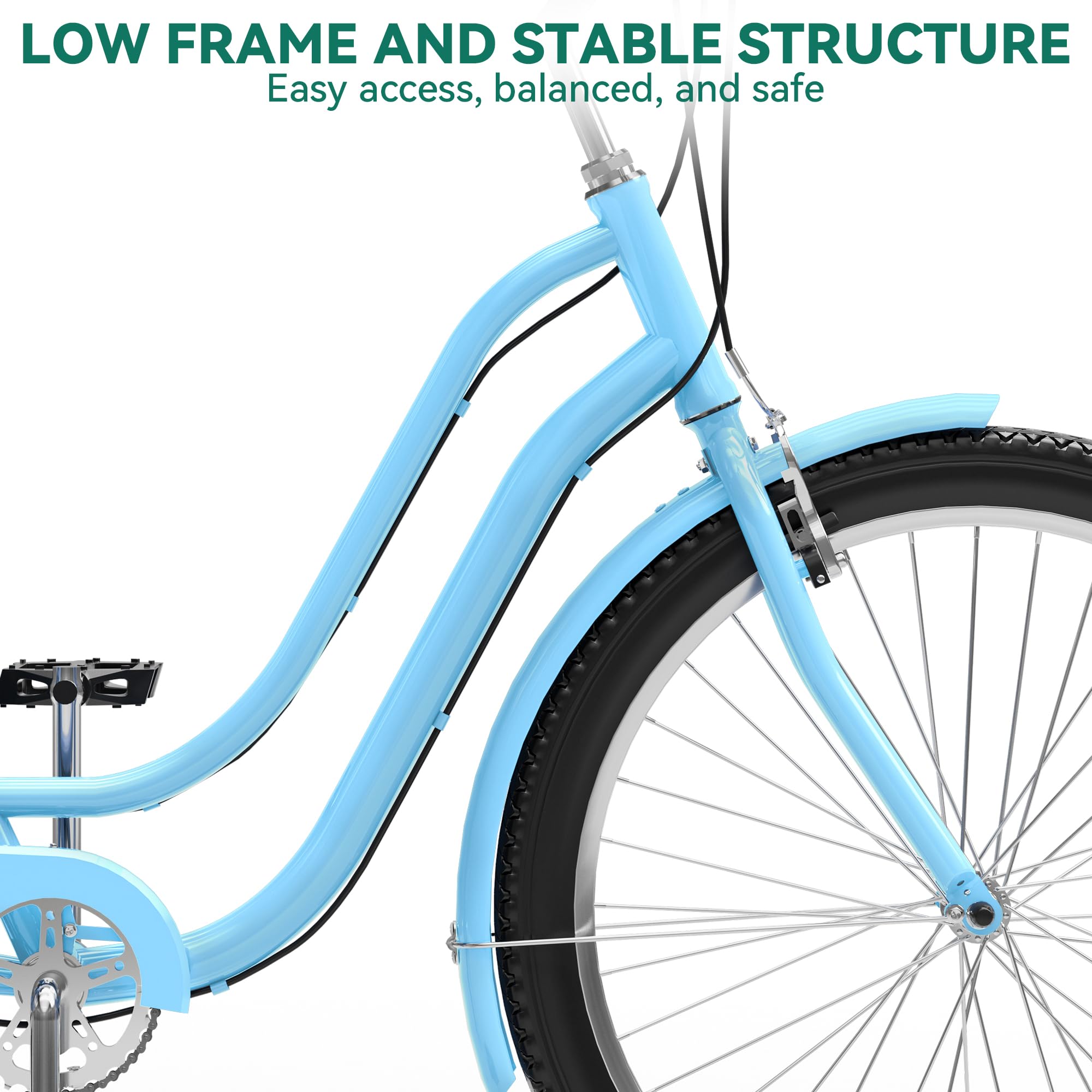 YITAHOME 24 & 26 Inch Beach Cruiser Bike for Adults - 7 Speed & Single Speed Commuter Bicycle with Step-Through Frame, Steel Construction & Full Fenders - Perfect for Leisure Rides, Beach Cruising & Urban Commuting